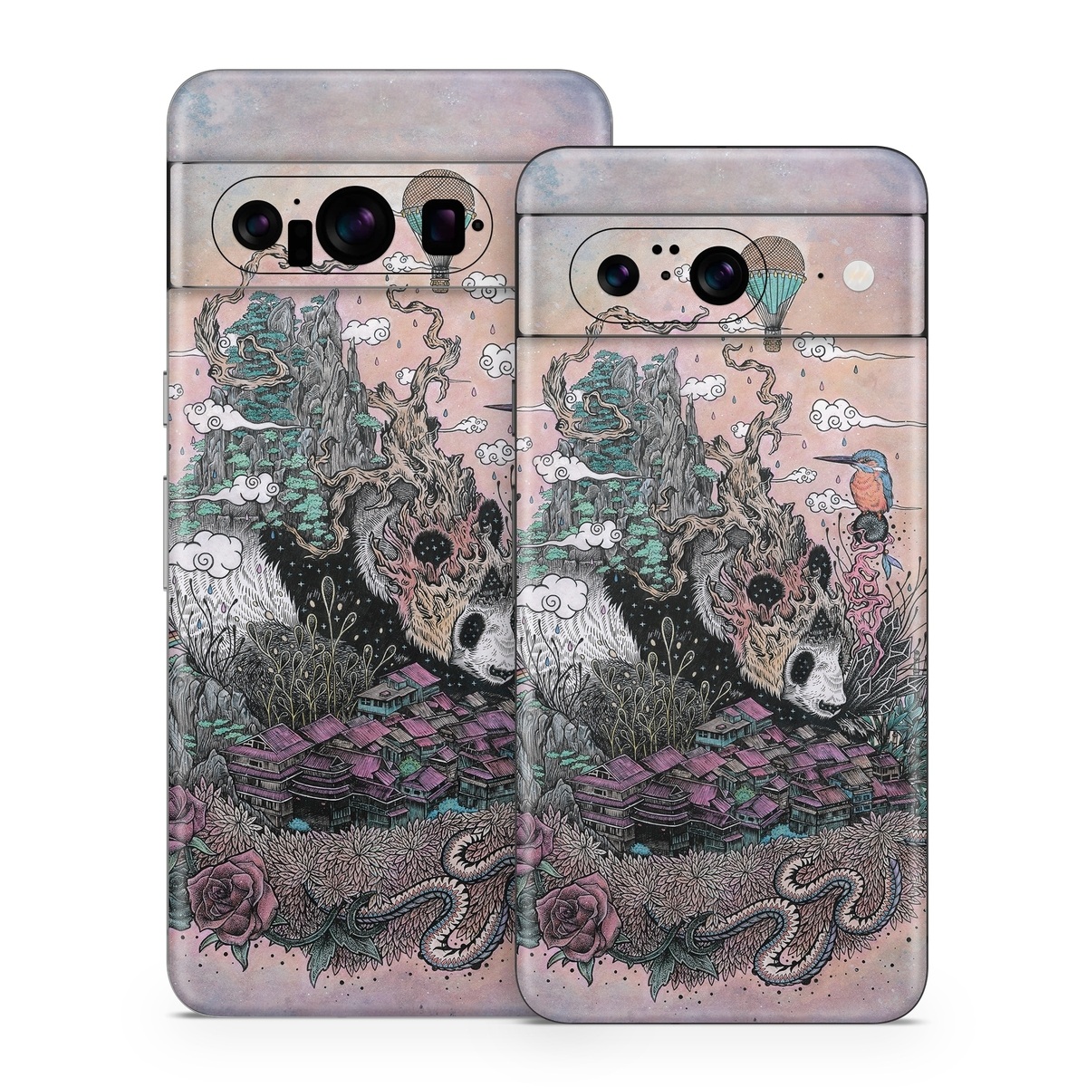 Google Pixel 8 Series Skin design of Illustration, Art, Fictional character, Printmaking, Marsupial, Graphic design, Rodent, Possum, with gray, black, red, blue, purple colors