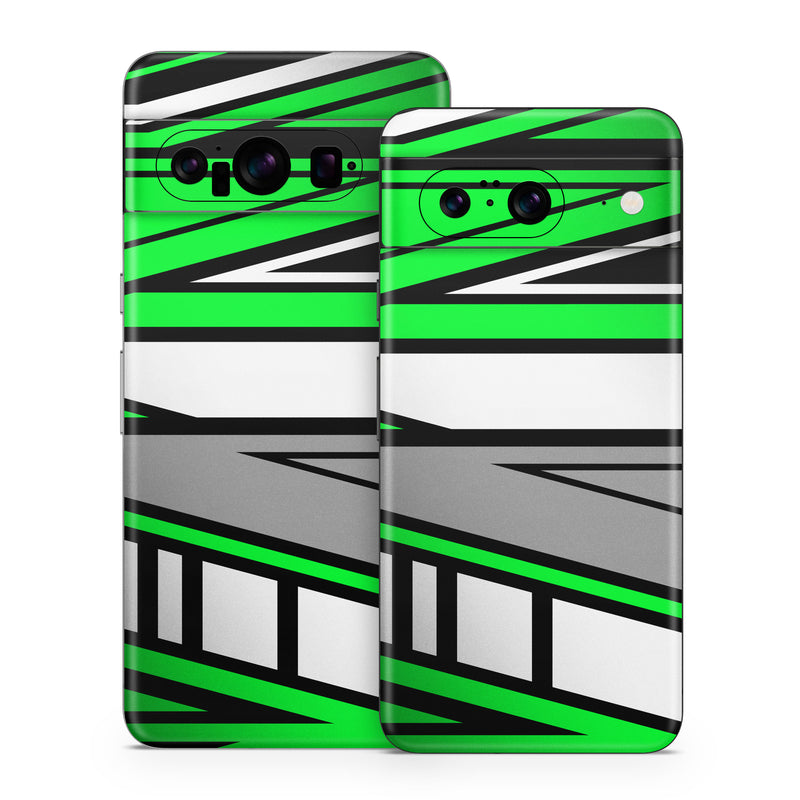 Google Pixel 8 Series Skin design of Colorfulness, Green, Rectangle, Slope, Font, Line, Material property, Parallel, Tints and shades, Graphics, with black, green, white, gray colors