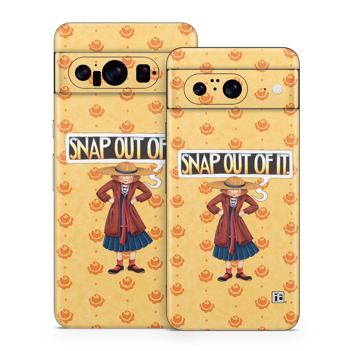 Google Pixel 8 Series Skin design of Cartoon, Illustration, Poster, Animated cartoon, Fiction, Anime, Art, Fictional character, Games, with pink, orange, black, red, gray, white colors