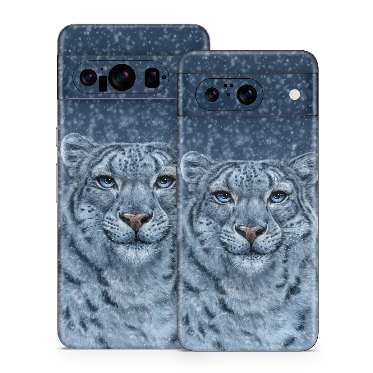 Google Pixel 8 Series Skin design of Snow, Carnivore, Felidae, Whiskers, Terrestrial animal, Snout, Big cats, Painting, Fur, Illustration, with white, black, blue, gray colors