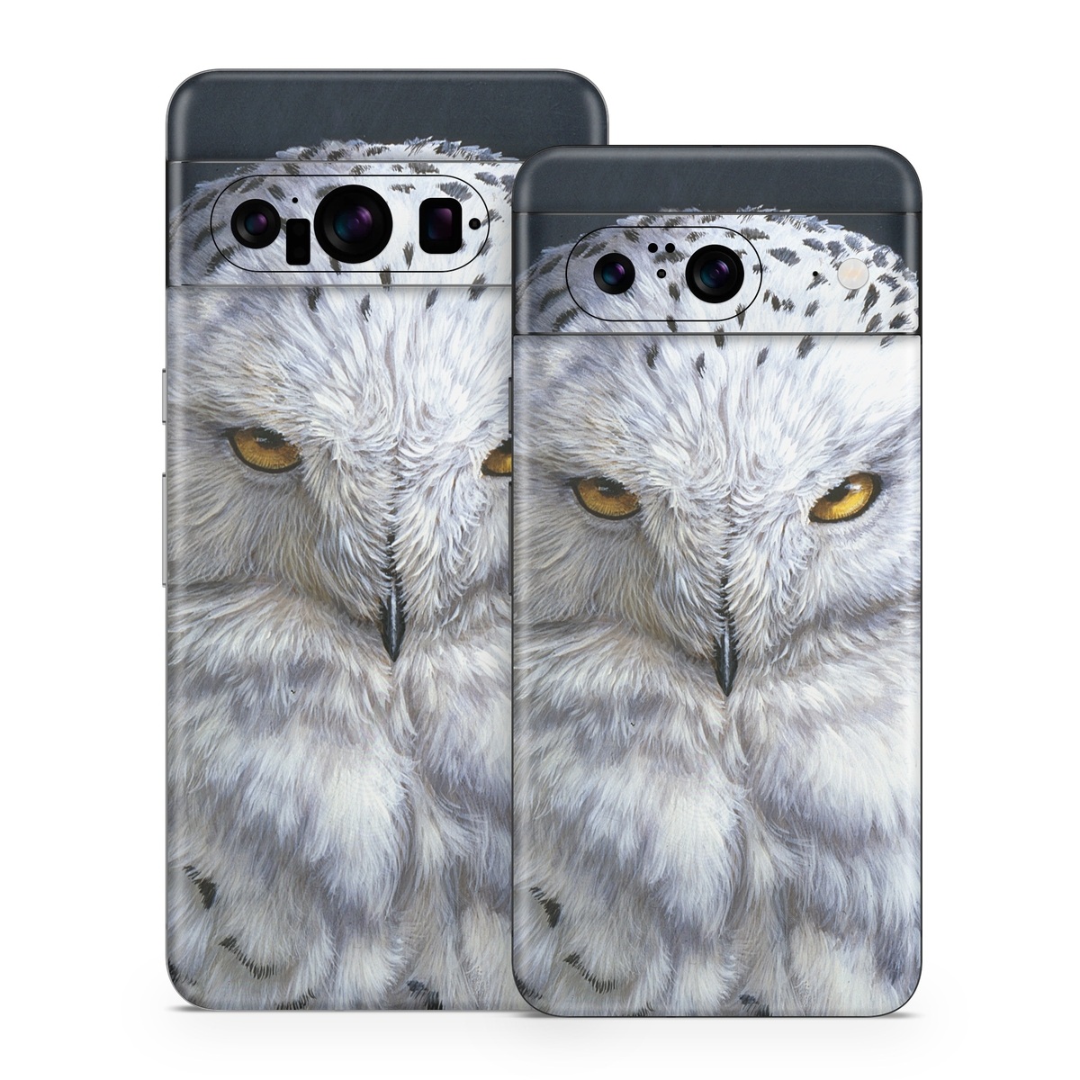 Google Pixel 8 Series Skin design of Owl, Bird, Bird of prey, Snowy owl, great grey owl, Close-up, Eye, Snout, Wildlife, Eastern Screech owl, with gray, white, black, blue, purple colors