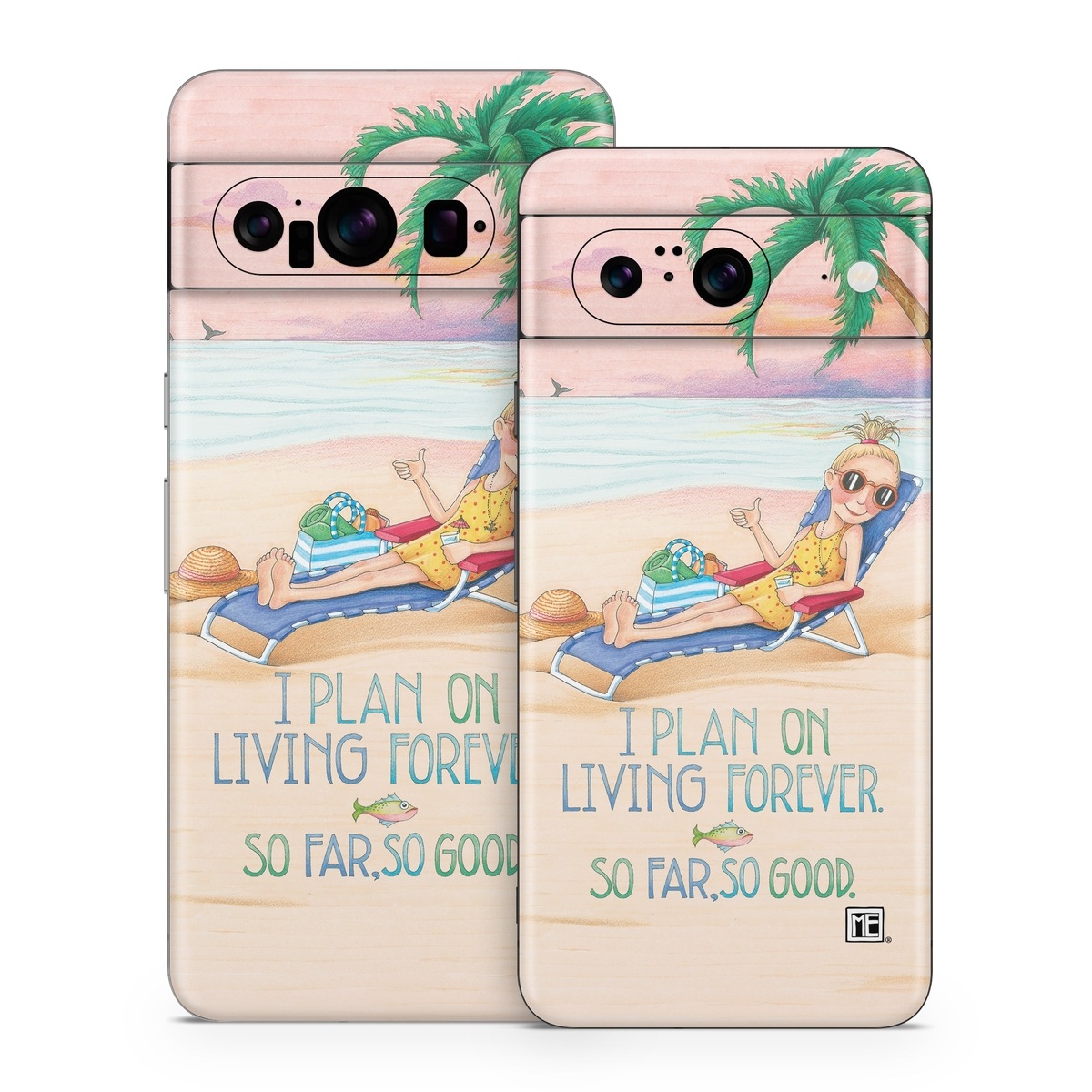 Google Pixel 8 Series Skin design of Vacation, Product, Summer, Aqua, Illustration, Sun tanning, Fictional character, Caribbean, Graphics, Happy, with pink, green, brown, yellow, blue, white, red colors