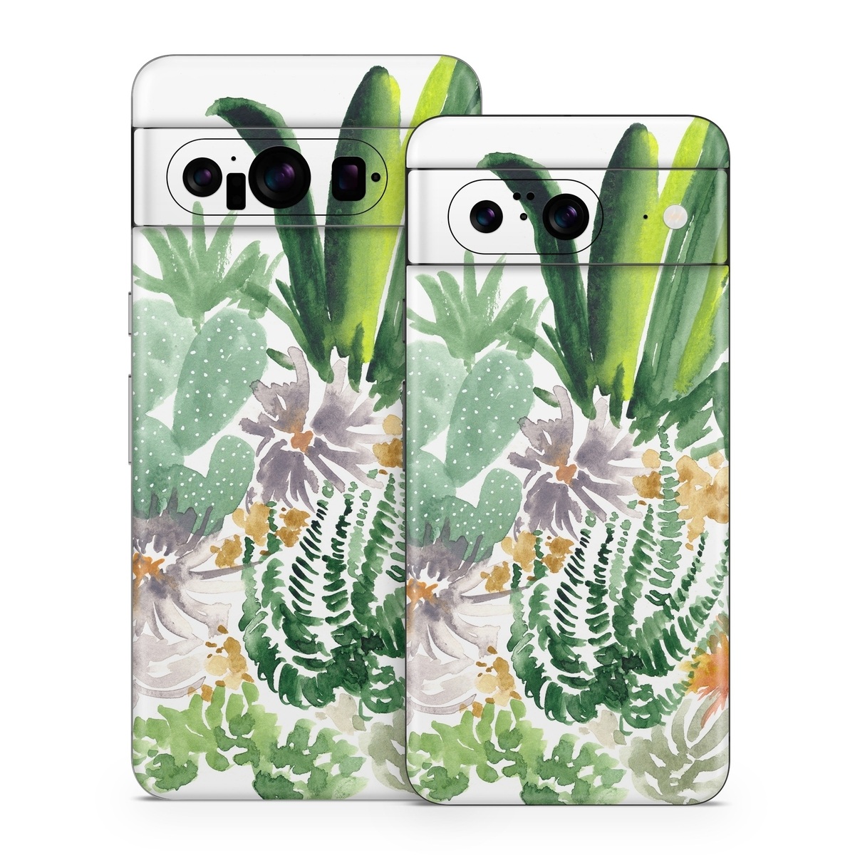 Google Pixel 8 Series Skin design of Cactus, Plant, Flower, Botany, Leaf, Illustration, Pine, Grass, Succulent plant, Branch, with white, green, red, orange colors