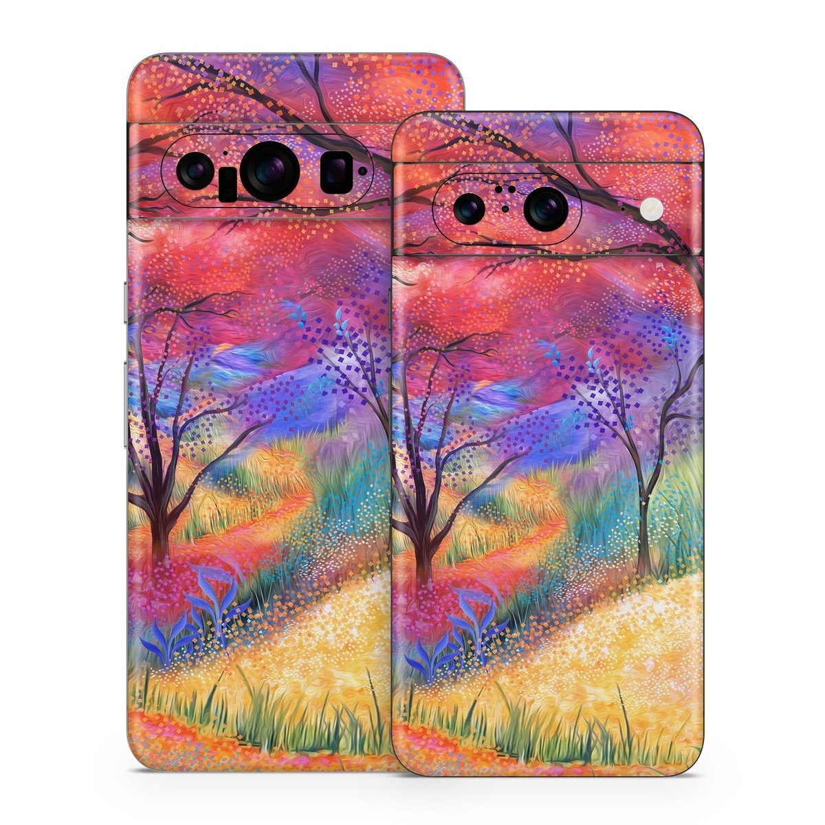 Google Pixel 8 Series Skin design of Plant, Art paint, Paint, Botany, Natural environment, Natural landscape, Leaf, Branch, People in nature, Tree, with red, blue, yellow, green, purple, orange, black, white colors