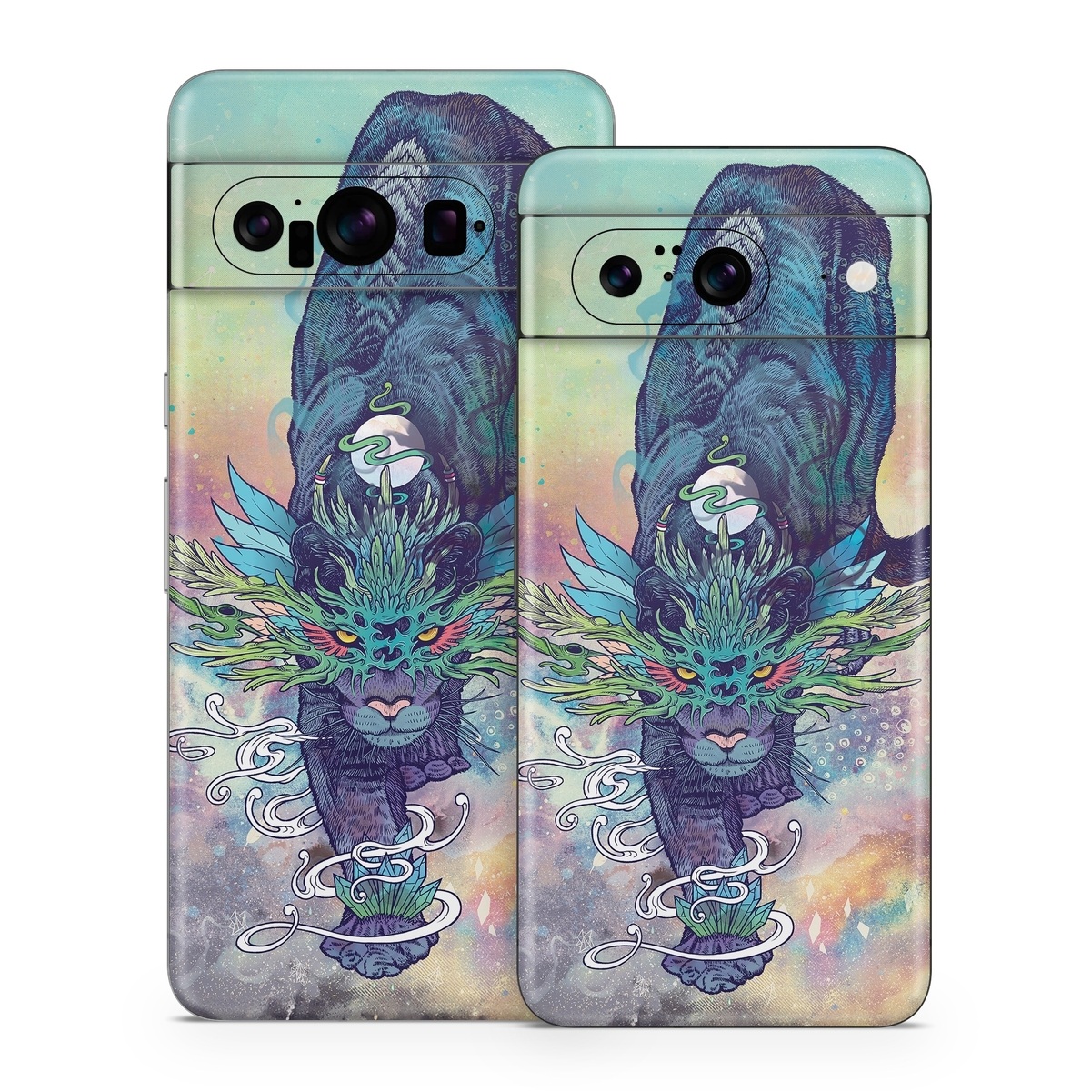 Google Pixel 8 Series Skin design of Illustration, Fictional character, Graphic design, Demon, Art, Fiction, Cg artwork, Supernatural creature, with blue, green, black, white, yellow, orange, pink, purple colors