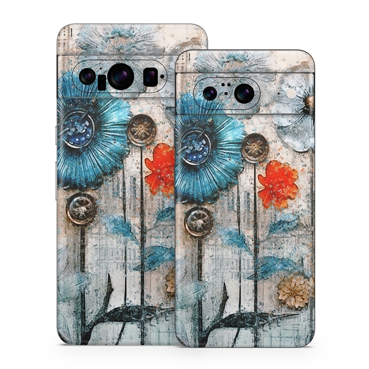 Google Pixel 8 Series Skin design of Plant, Blue, Petal, Textile, Paint, Flower, Art, Creative arts, Pattern, Rectangle, with white, brown, black, yellow, blue, red, gray colors