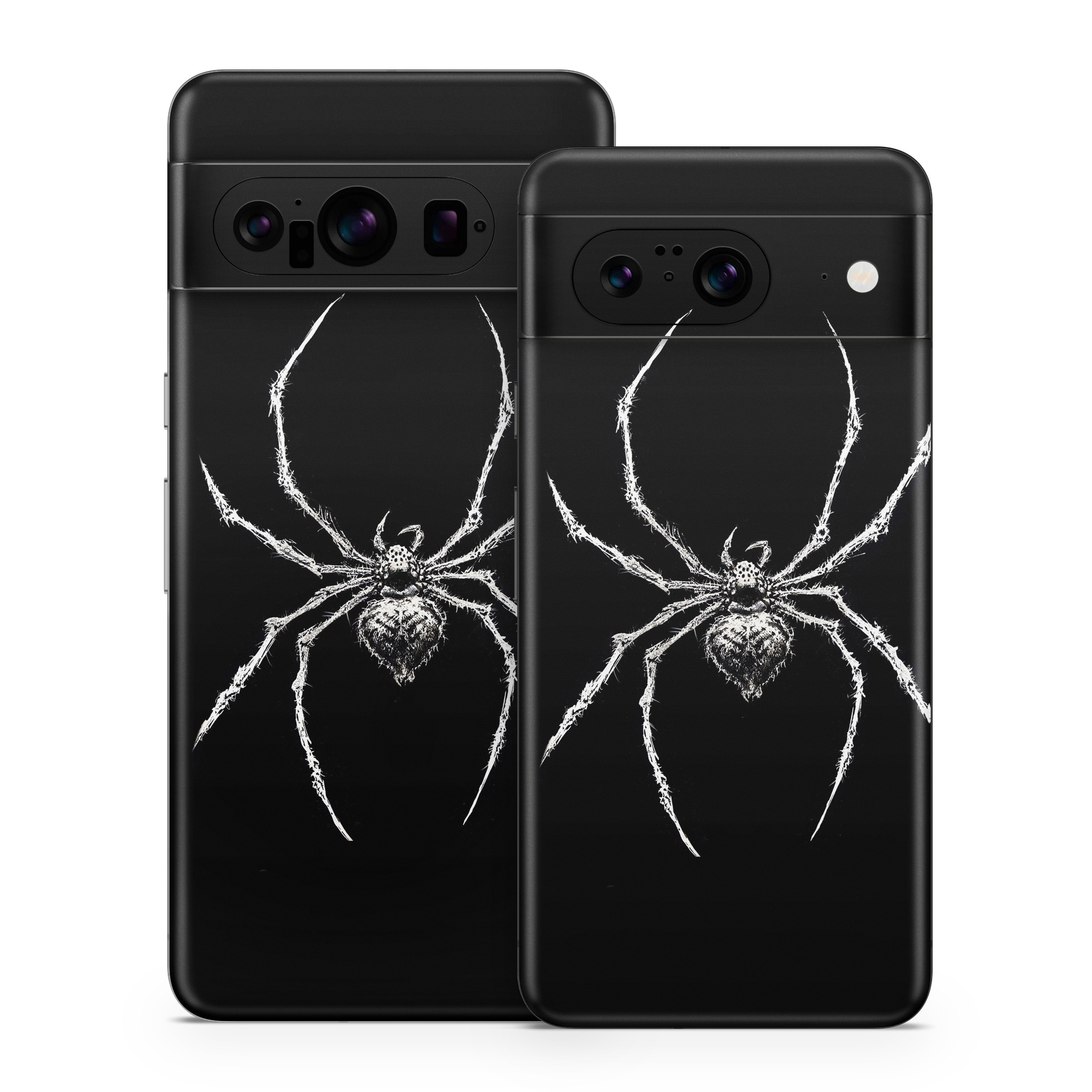 Google Pixel 8 Series Skin design of Arthropod, Spider, Insect, Spider web, Terrestrial animal, Arachnid, Invertebrate, Tangle-web spider, Symmetry, Terrestrial plant, with black, white, gray colors