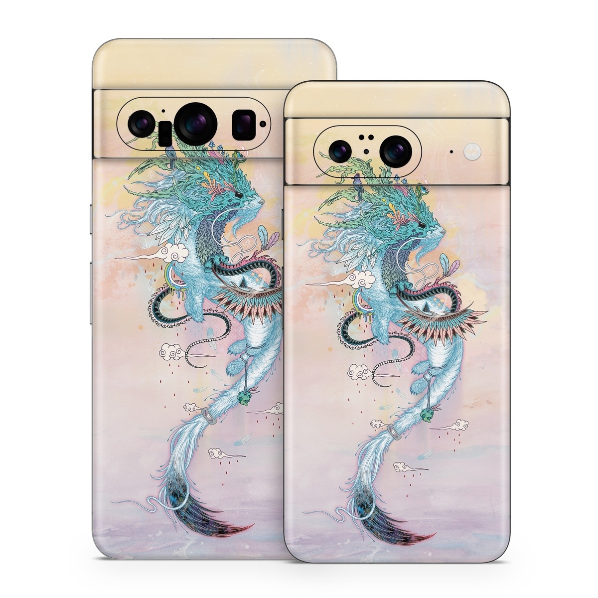 Google Pixel 8 Series Skin design of Illustration, Water, Watercolor paint, Art, Fictional character, Graphic design, Mythology, Visual arts, Painting, Drawing, with yellow, pink, blue, green colors