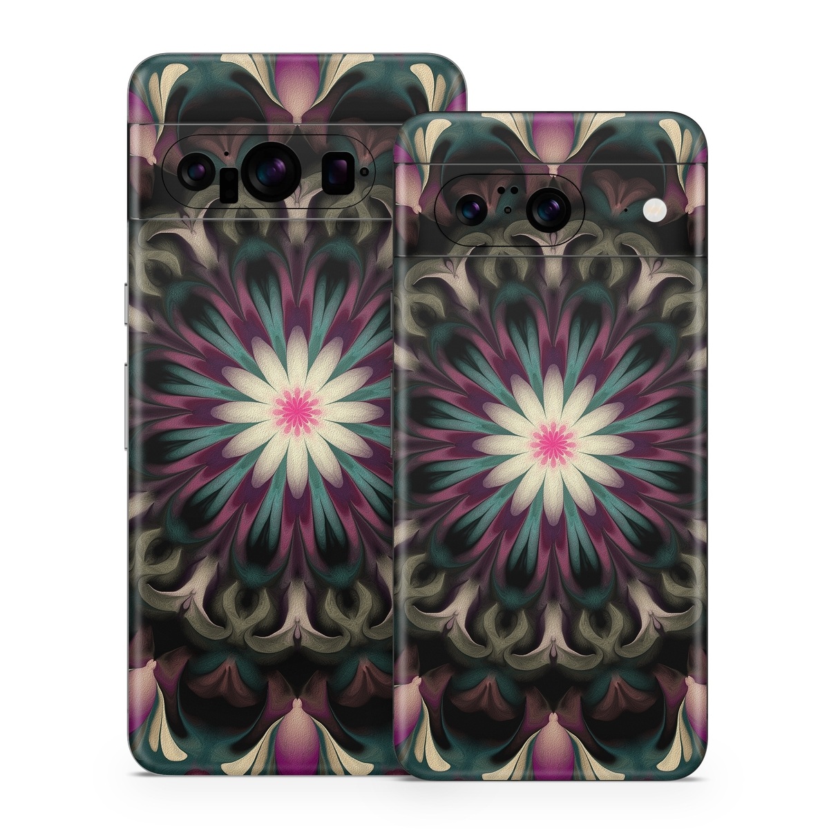 Google Pixel 8 Series Skin design of Fractal art, Pattern, Pink, Psychedelic art, Art, Kaleidoscope, Design, Symmetry, Visual arts, Textile, with black, purple, white, green, blue colors