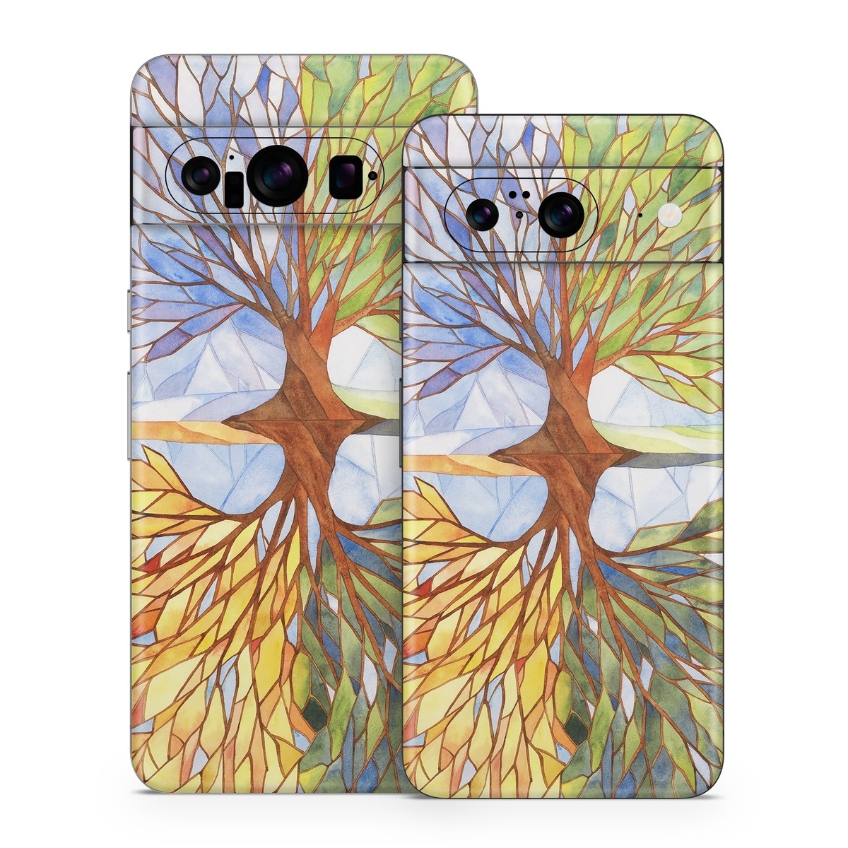 Google Pixel 8 Series Skin design of Leaf, Tree, Botany, Plant, Symmetry, Art, Pattern, Painting, Plant stem, Plane, with blue, brown, orange, yellow, red, purple colors