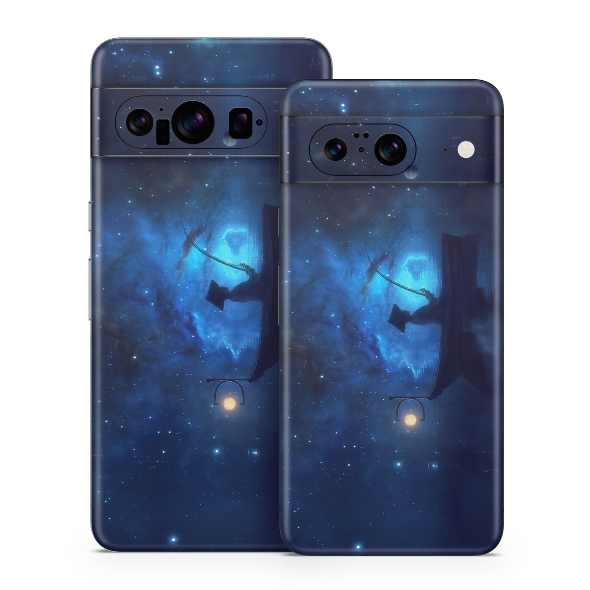 Google Pixel 8 Series Skin design of Sky, Night, Atmosphere, Light, Atmospheric phenomenon, Darkness, Screenshot, Space, Midnight, Moonlight, with white, blue, black, green, orange colors