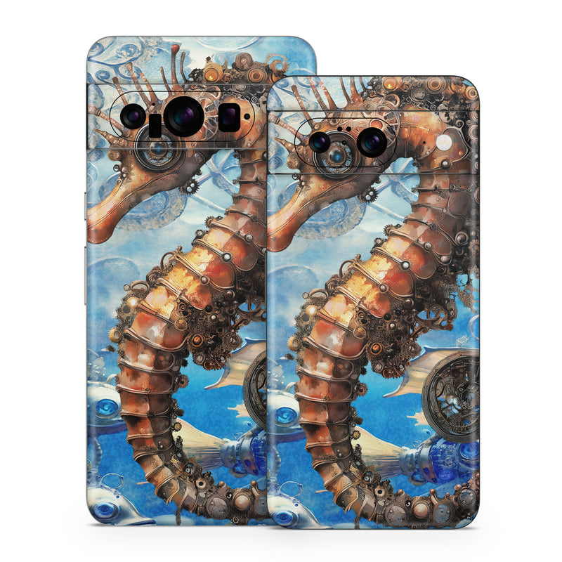 Google Pixel 8 Series Skin design of Pipefishes and allies, Northern seahorse, Fish, Marine biology, Marine invertebrates, Watercolor painting, Art Paint, Ray-finned fishes, Paint, Modern art, with blue, orange, yellow, gray, white, black, red colors