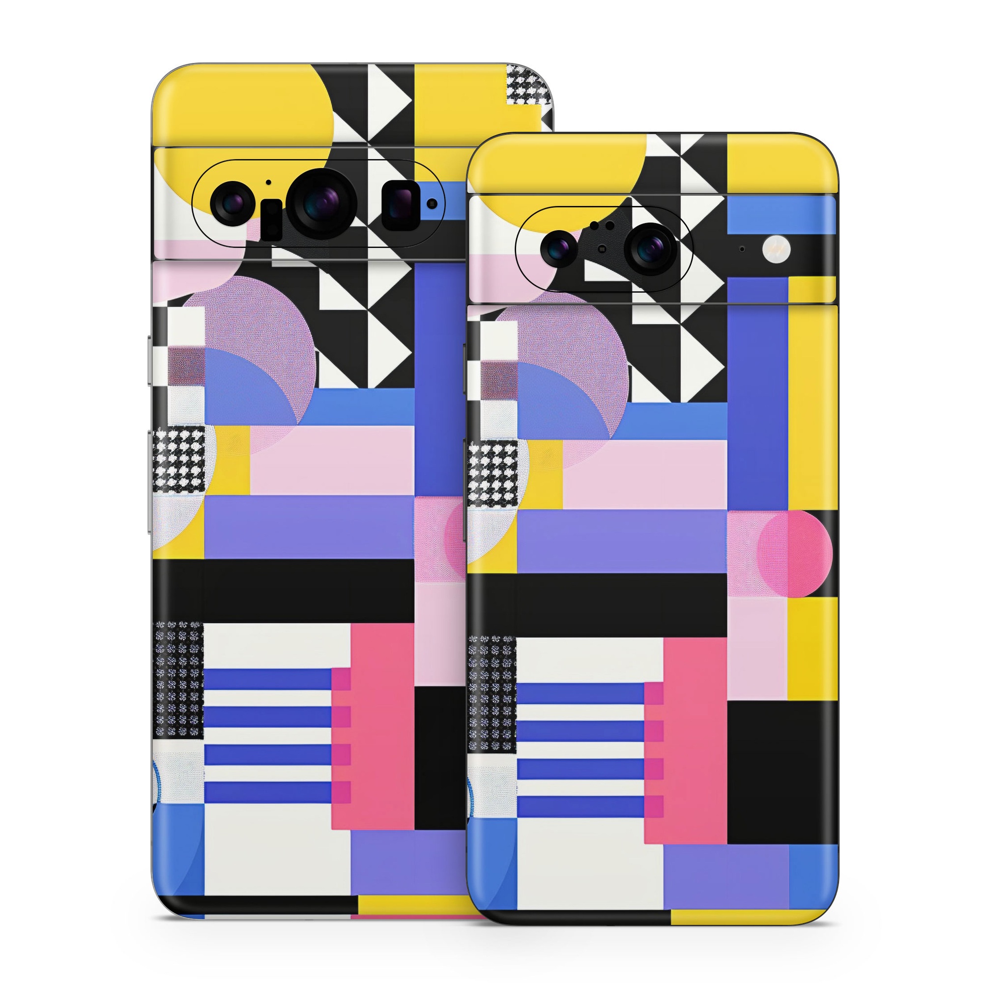 Google Pixel 8 Series Skin design of White, Black, Rectangle, Font, Art, Red, Pattern, Tints and shades, Circle, Electric blue, with blue, white, black, yellow, pink, purple colors