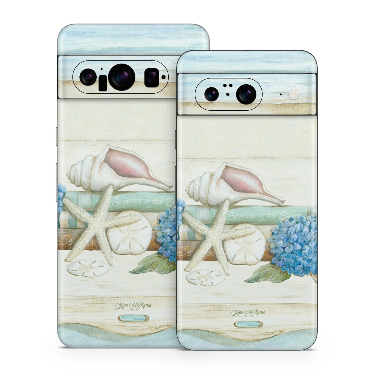 Google Pixel 8 Series Skin design of Starfish, Shell, Hydrangea, Plant, Flower, Still life, Echinoderm, Cornales, with gray, green, blue, yellow colors