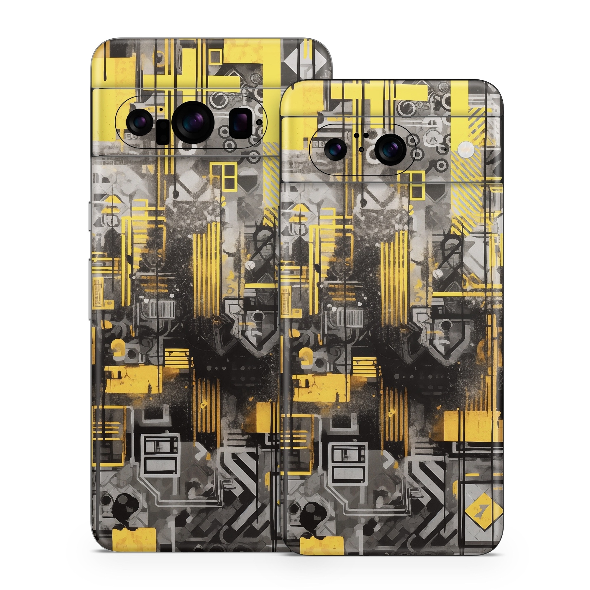 Google Pixel 8 Series Skin design of Rectangle, Yellow, Font, Art, City, Engineering, Tints and shades, Pattern, Symmetry, Space, with black, white, gray, yellow colors