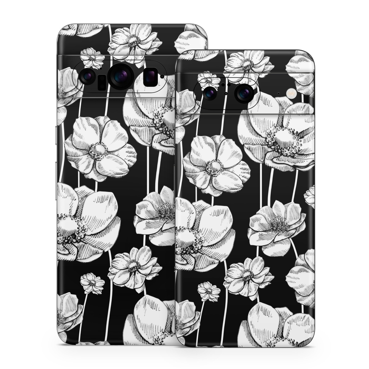 Google Pixel 8 Series Skin design of Flower, Black-and-white, Plant, Botany, Petal, Design, Wildflower, Monochrome photography, Pattern, Monochrome, with black, gray, white colors
