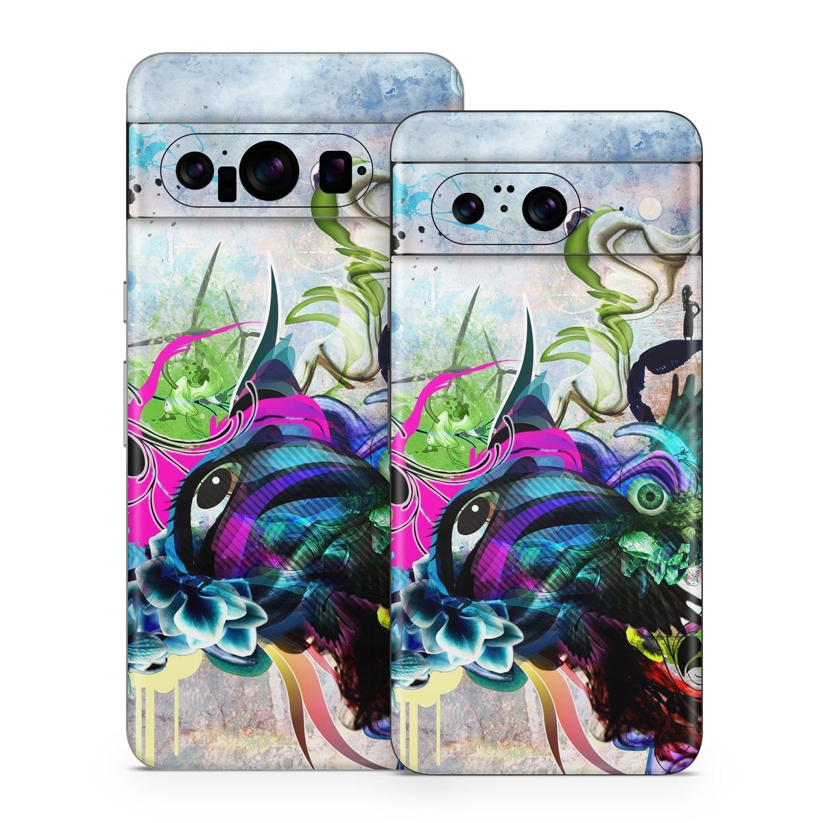 Google Pixel 8 Series Skin design of Graphic design, Psychedelic art, Art, Illustration, Purple, Visual arts, Graffiti, Street art, Design, Painting, with gray, black, blue, green, purple colors