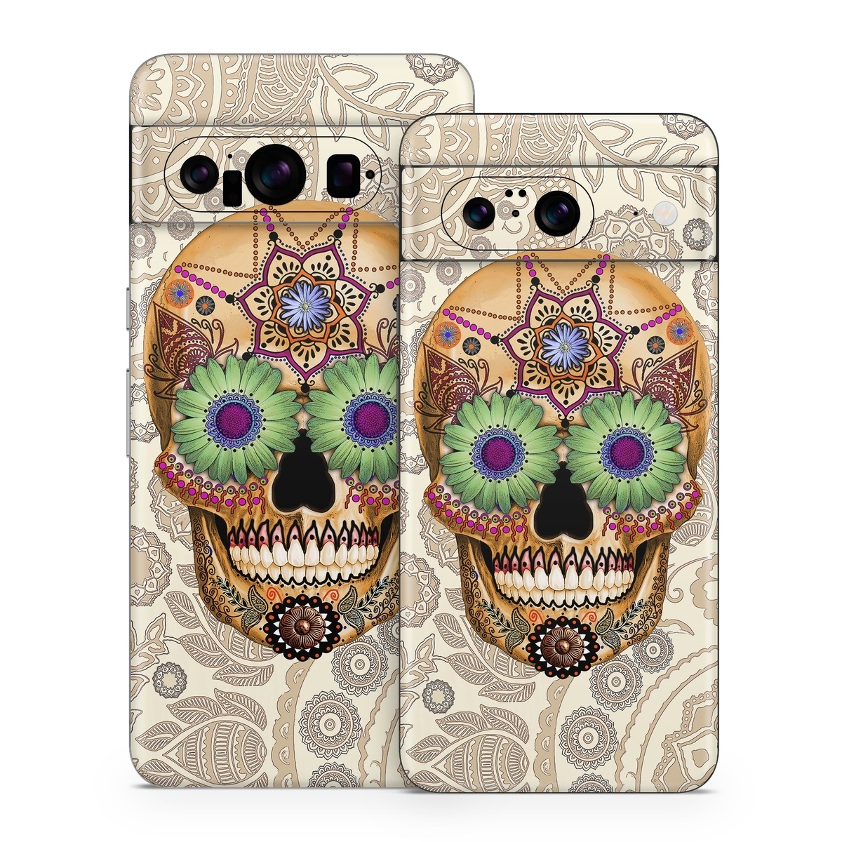 Google Pixel 8 Series Skin design of Skull, Bone, Pattern, Design, Illustration, Visual arts, Fashion accessory, Art, with gray, yellow, green, black, red, pink colors