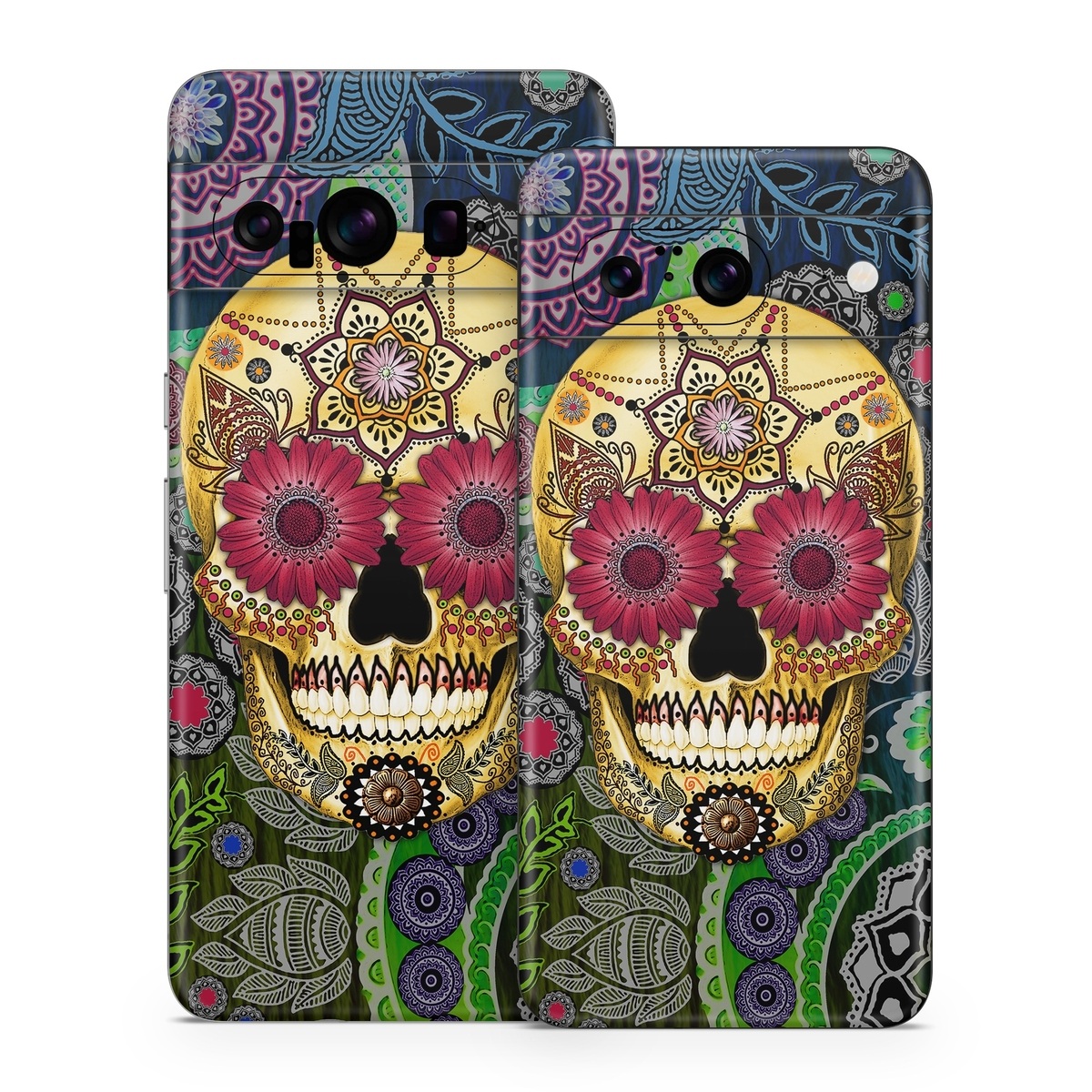 Google Pixel 8 Series Skin design of Skull, Bone, Pattern, Psychedelic art, Visual arts, Design, Illustration, Art, Textile, Plant, with black, red, gray, green, blue colors