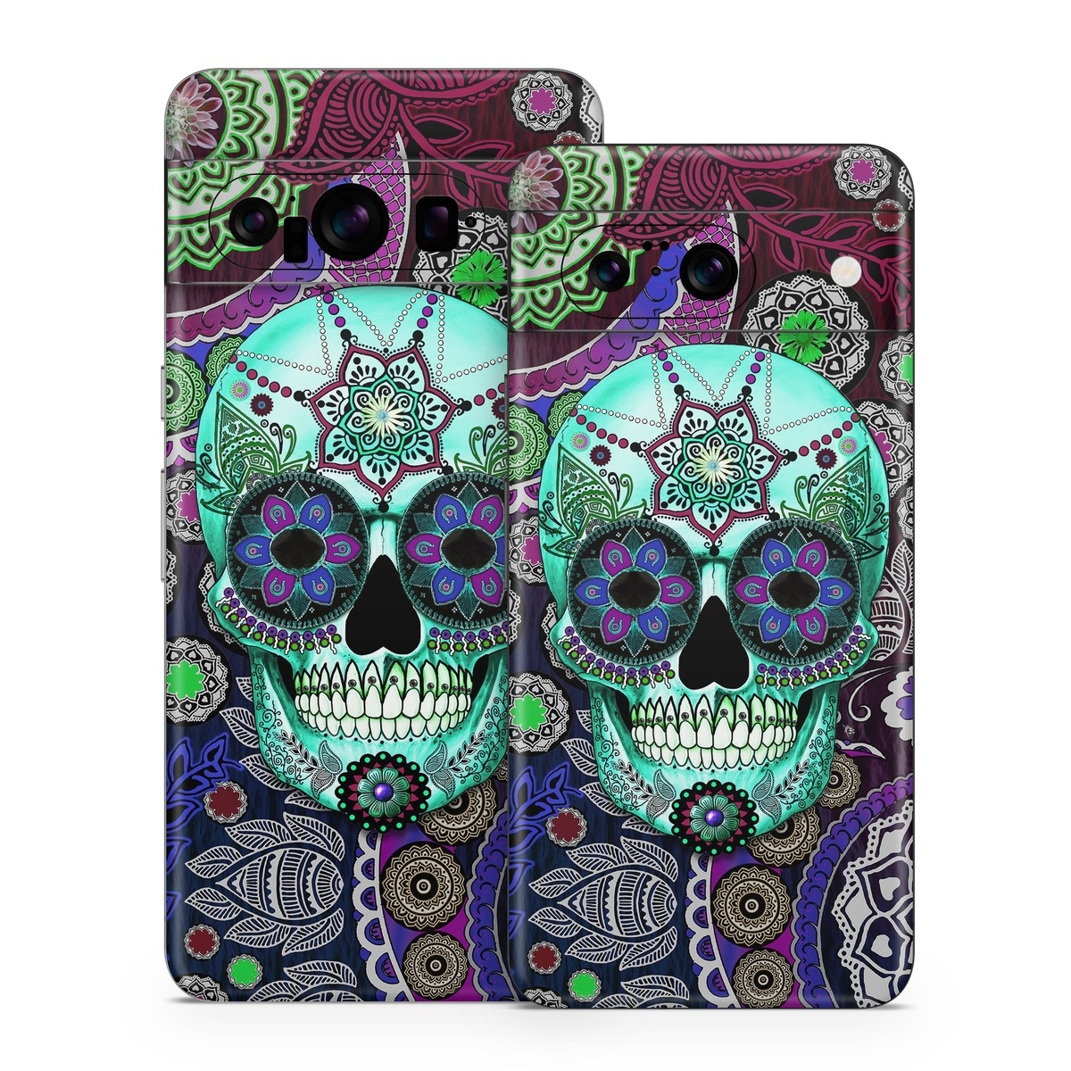 Google Pixel 8 Series Skin design of Psychedelic art, Pattern, Skull, Purple, Bone, Violet, Design, Visual arts, Art, Magenta, with blue, green, purple, red, green, pink colors