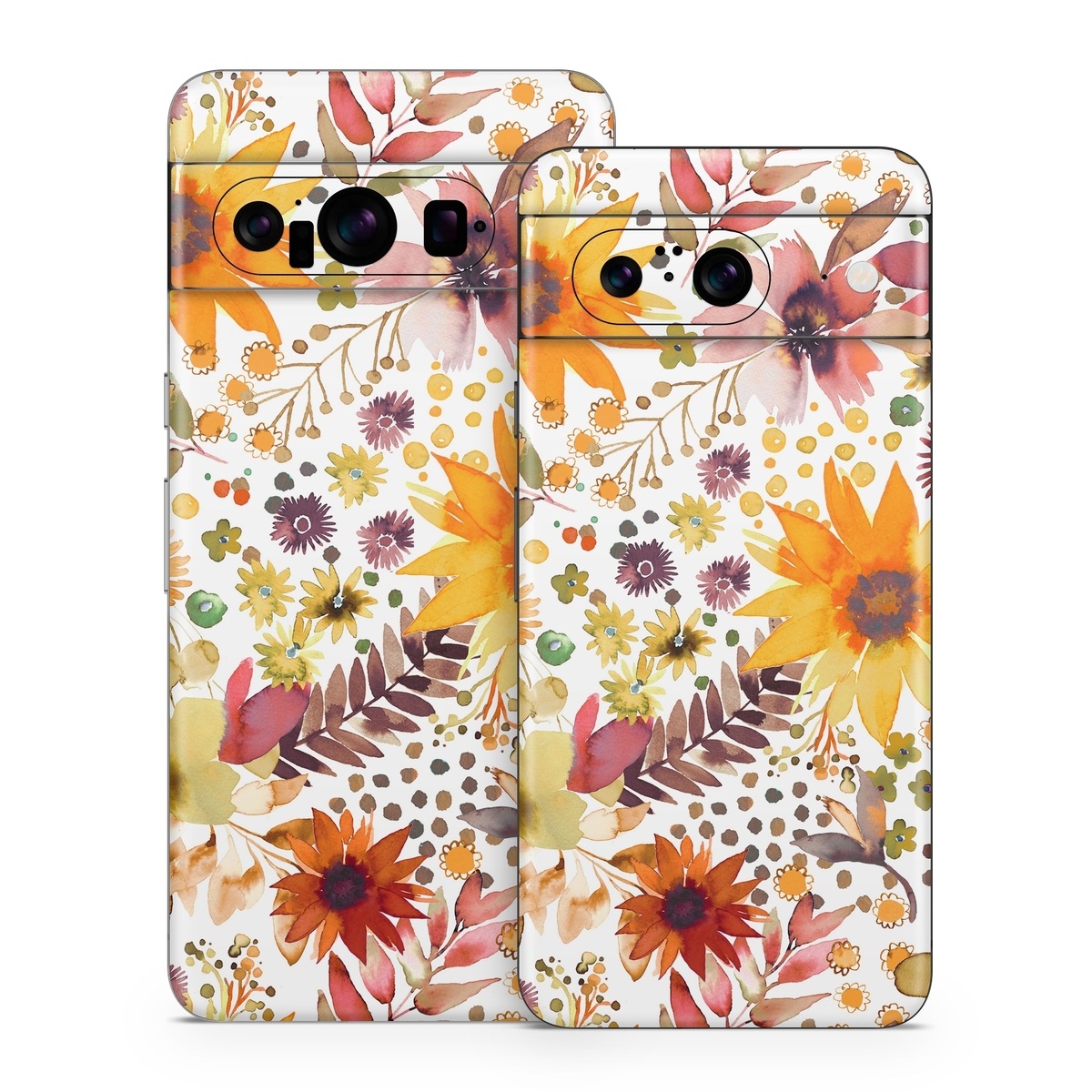 Google Pixel 8 Series Skin design of Flower, Plant, Petal, Botany, Textile, Orange, Line, Groundcover, Creative arts, Flowering plant, with white, yellow, pink, green, brown, orange colors