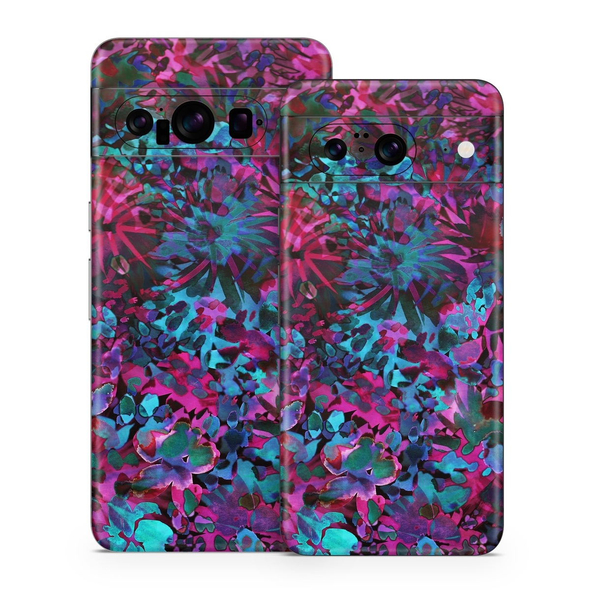 Google Pixel 8 Series Skin design of Pink, Purple, Violet, Lilac, Flower, Leaf, Plant, Magenta, Botany, Pattern, with black, pink, purple, blue, green colors