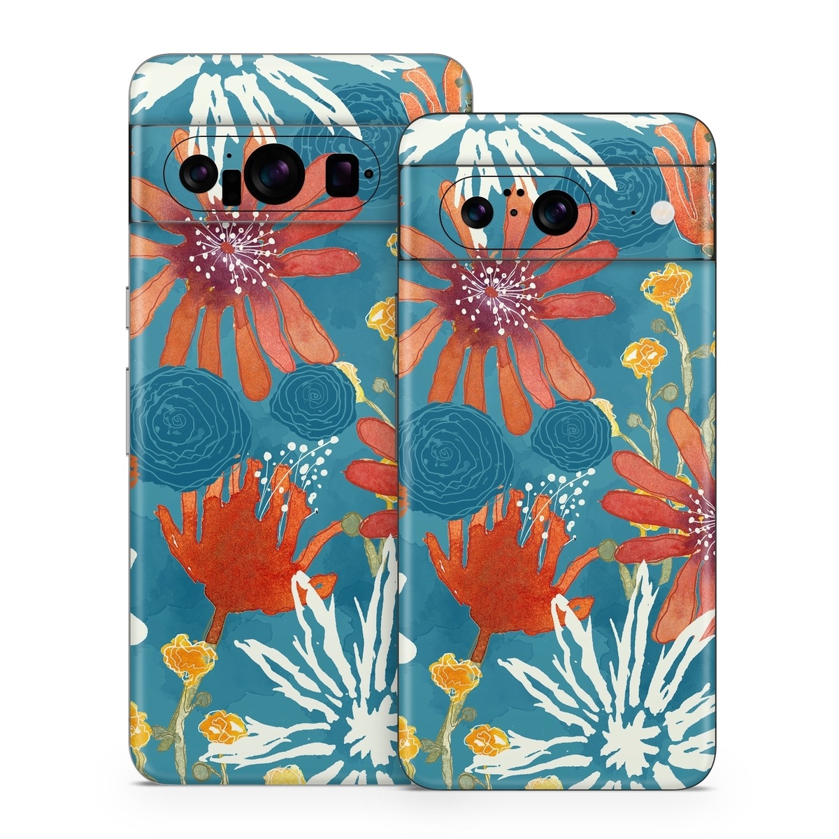 Google Pixel 8 Series Skin design of Pattern, Visual arts, Wrapping paper, Design, Wildflower, Floral design, Textile, Flower, Plant, Motif, with blue, red, gray, yellow, green colors