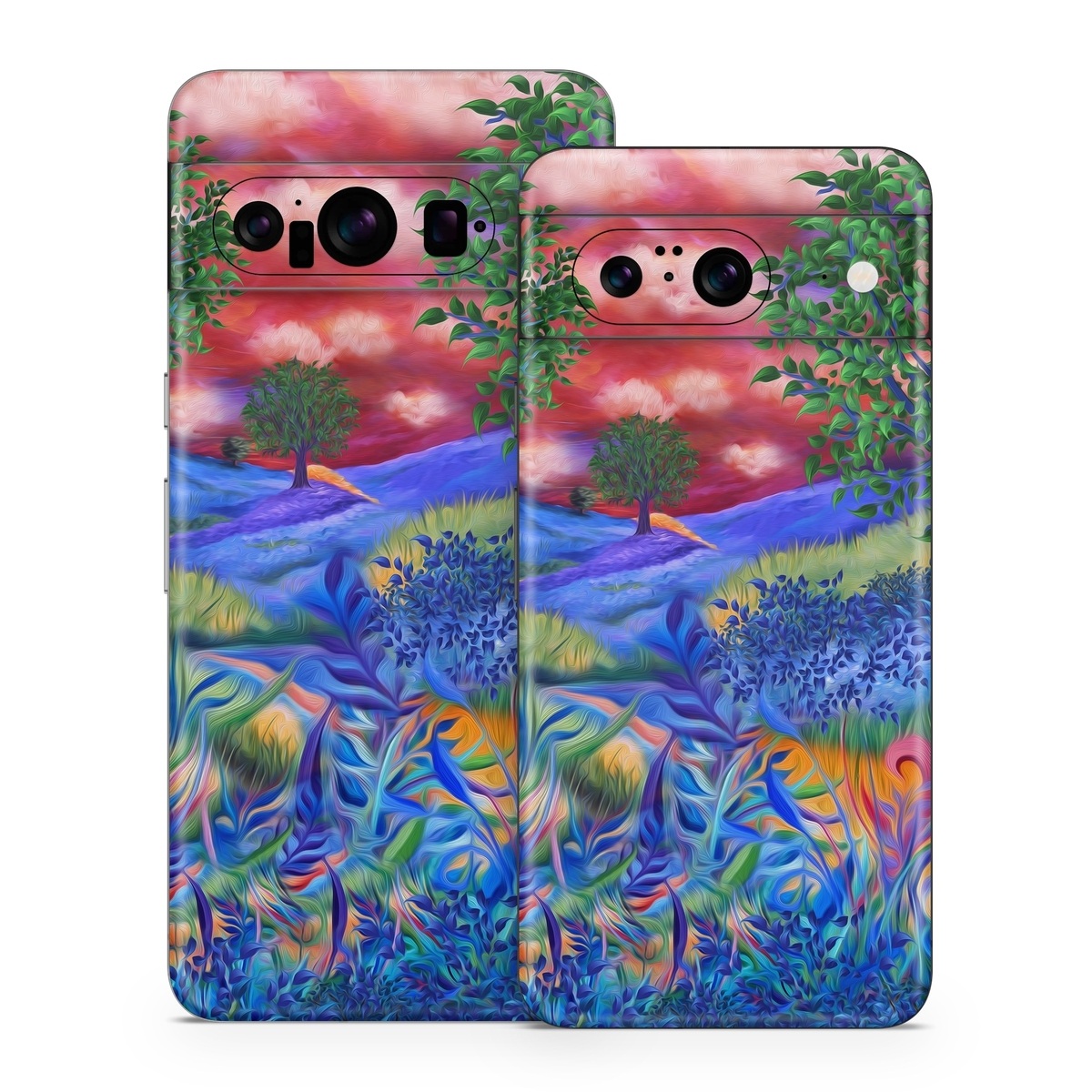 Google Pixel 8 Series Skin design of Art paint, Plant, Plant community, Paint, Natural landscape, People in nature, Vegetation, Grass, Art, Painting, with blue, red, green, orange, yellow, pink, white colors