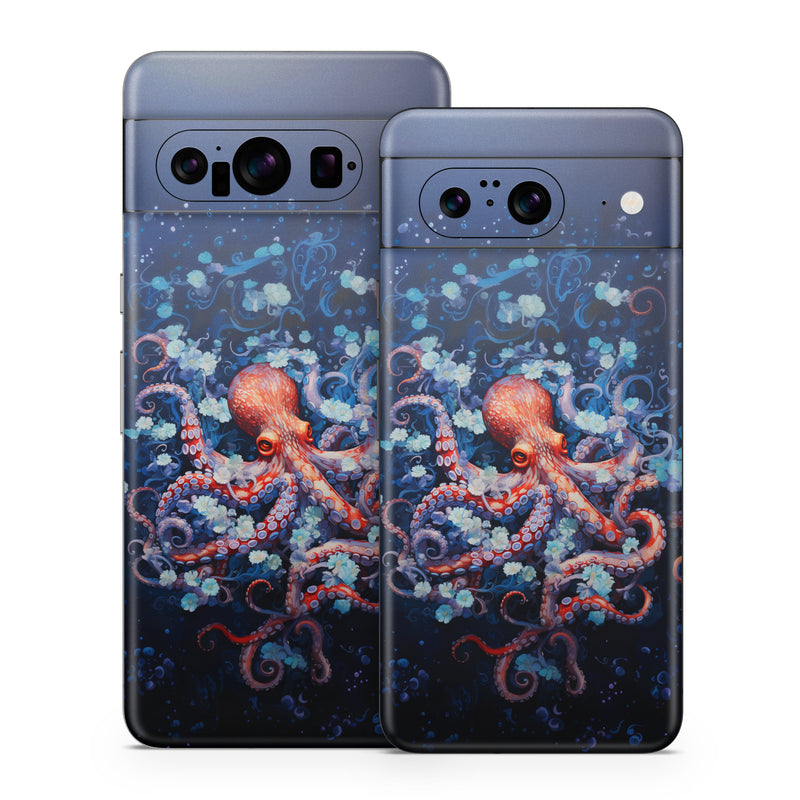 Google Pixel 8 Series Skin design of Water, Azure, Marine invertebrates, Liquid, Natural environment, Organism, Fluid, Art, Font, World, with blue, red, white, purple colors
