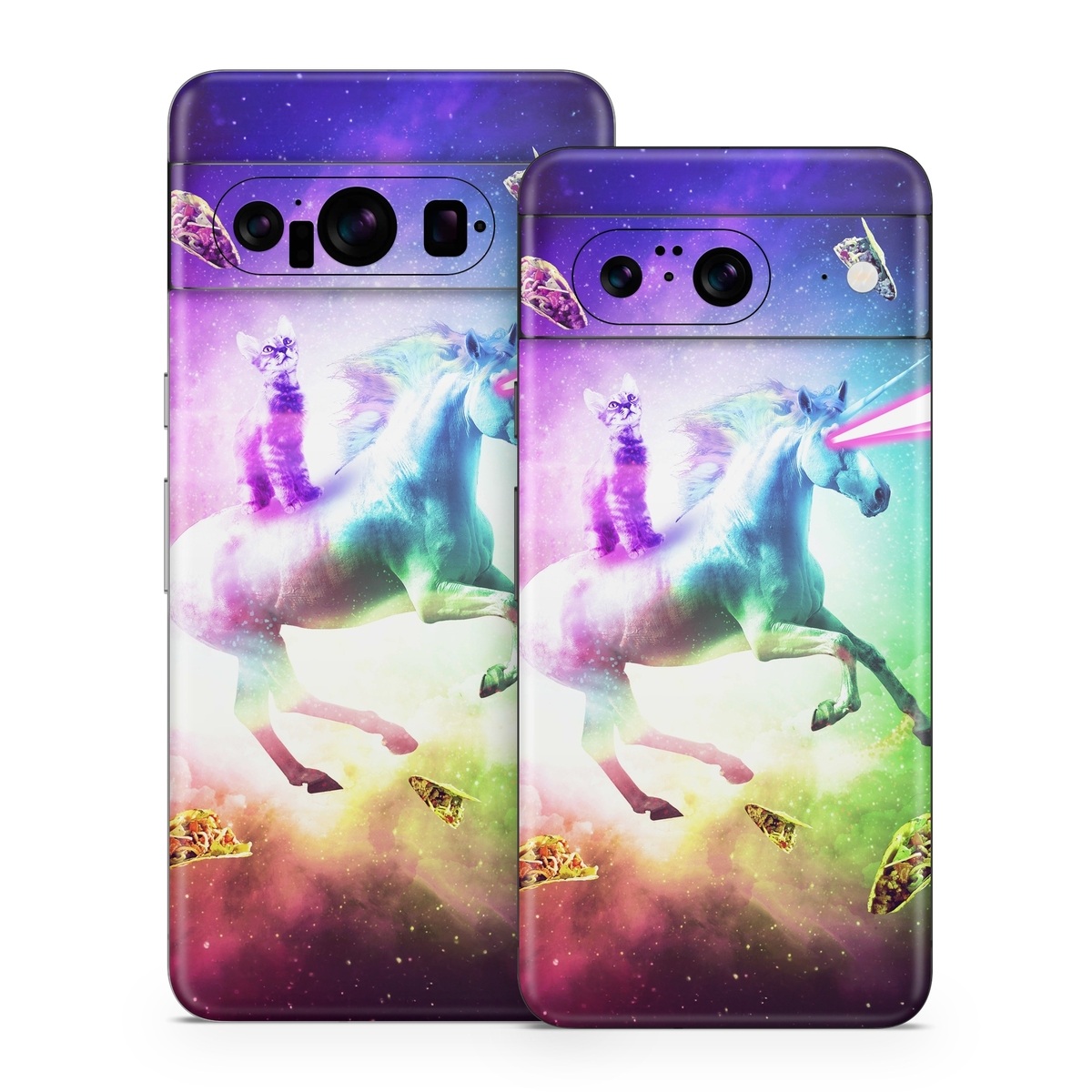 Google Pixel 8 Series Skin design of Fictional character, Illustration, Unicorn, Graphic design, Sky, Space, Mythical creature, Cg artwork, Art, Mythology, with black, white, blue, green, purple, pink, red colors