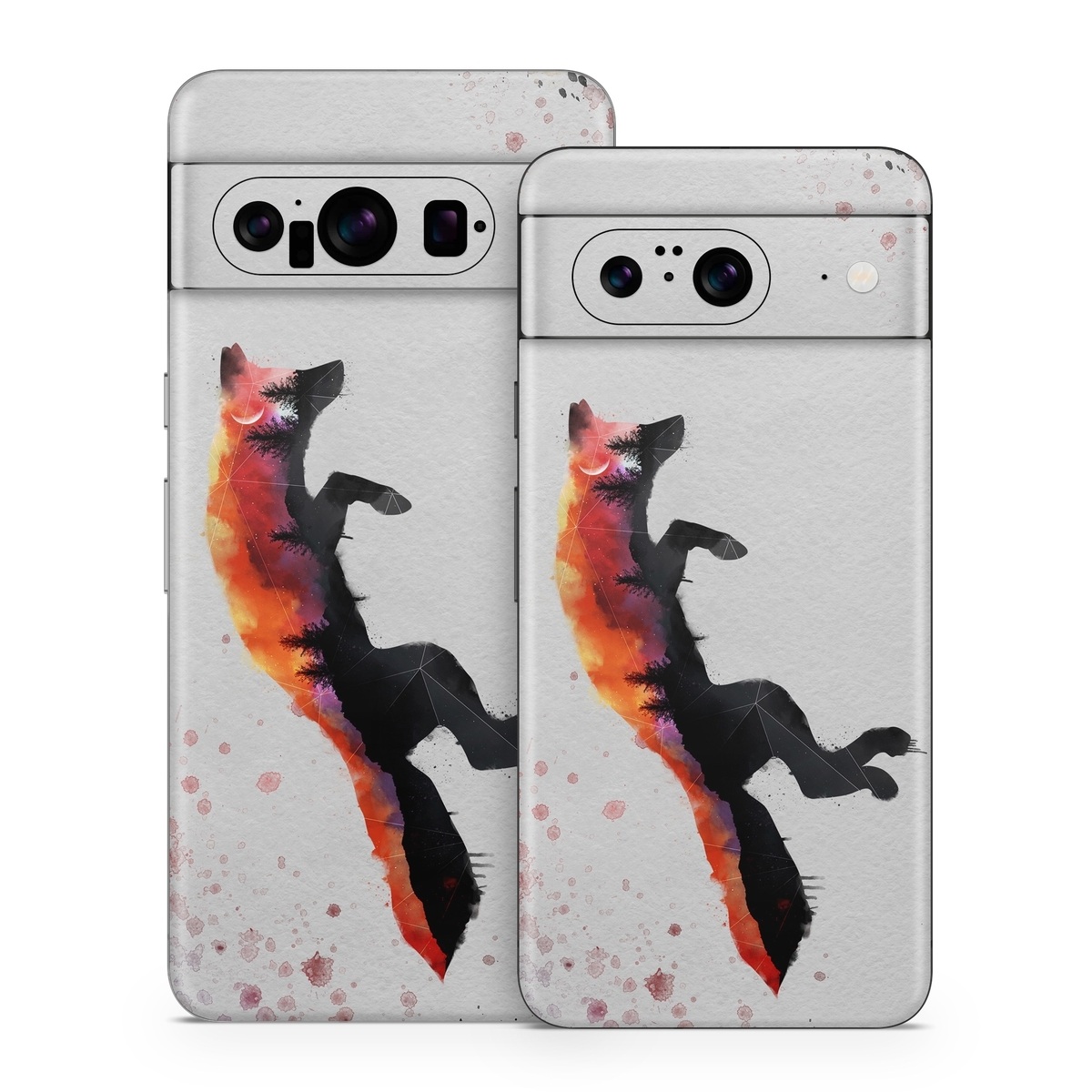 Google Pixel 8 Series Skin design of Illustration, Watercolor paint, Art, Graphic design, Painting, Red fox, Visual arts, Paint, Drawing, Tail, with gray, black, red, yellow, orange, white colors