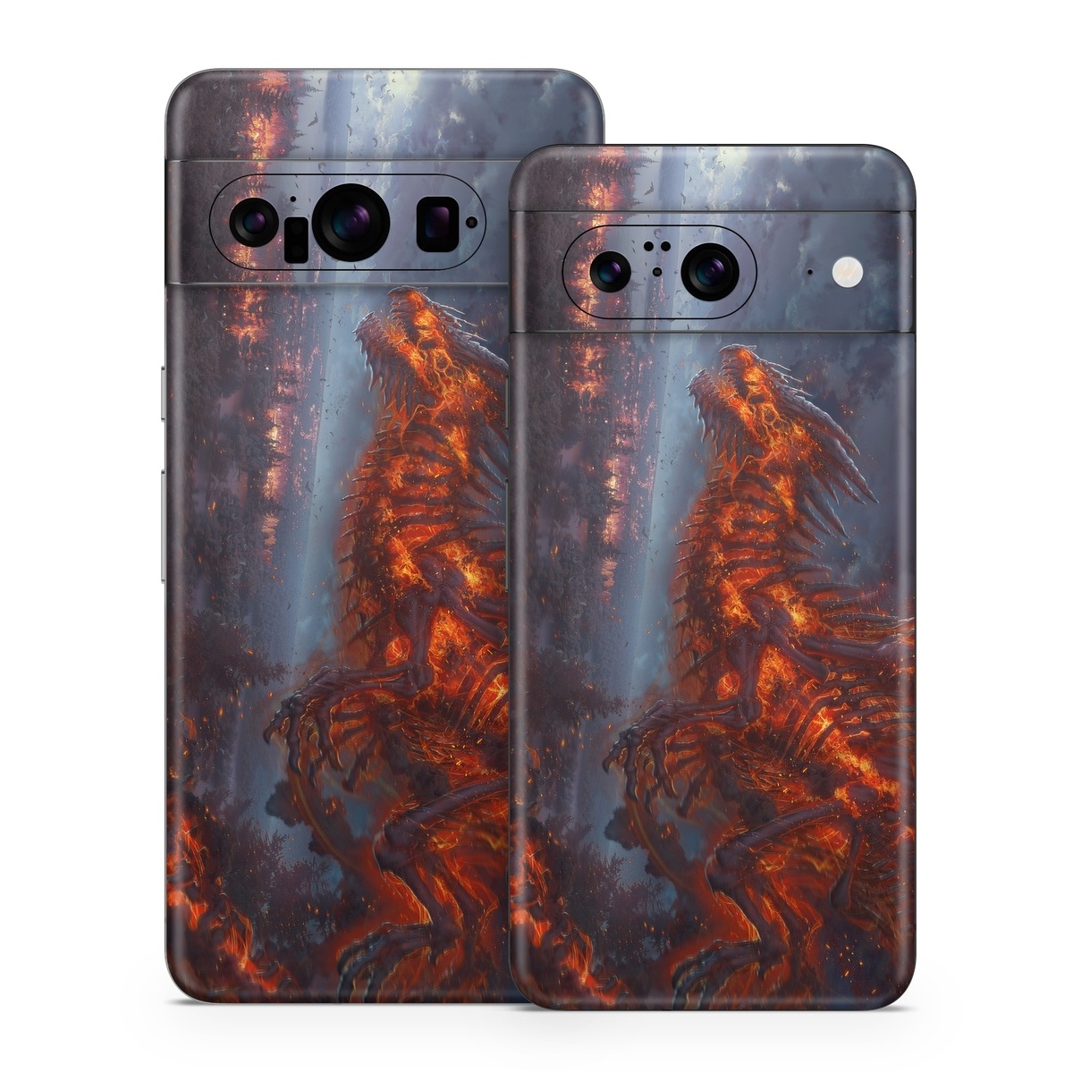 Google Pixel 8 Series Skin design of Geological phenomenon, Dragon, Cg artwork, Sky, Flame, Fictional character, Mythology, Lava, Demon, Heat, with red, blue, black colors