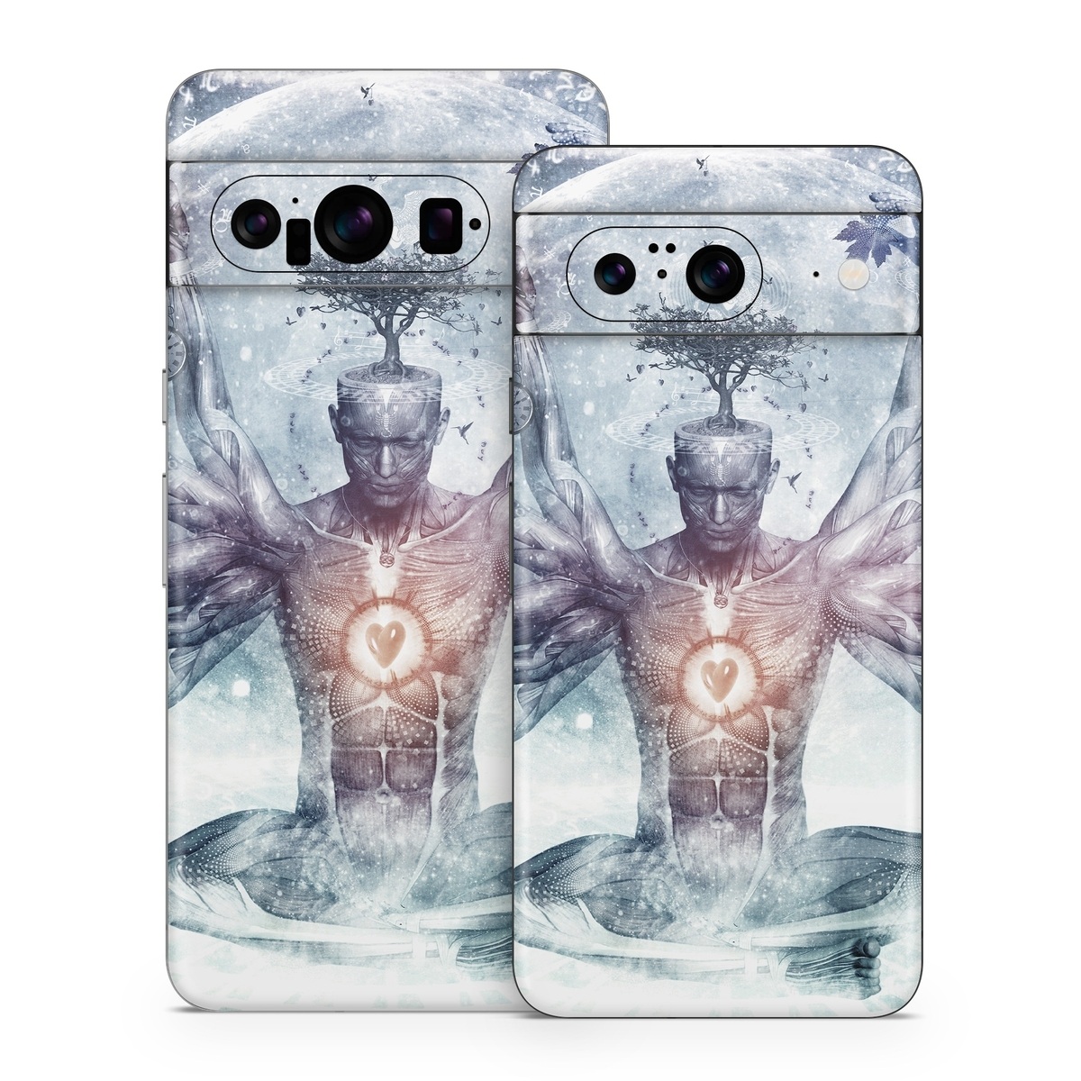 Google Pixel 8 Series Skin design of Mythology, Cg artwork, Water, Illustration, Fictional character, Space, Graphics, Art, Graphic design, with blue, red, orange, black, white colors