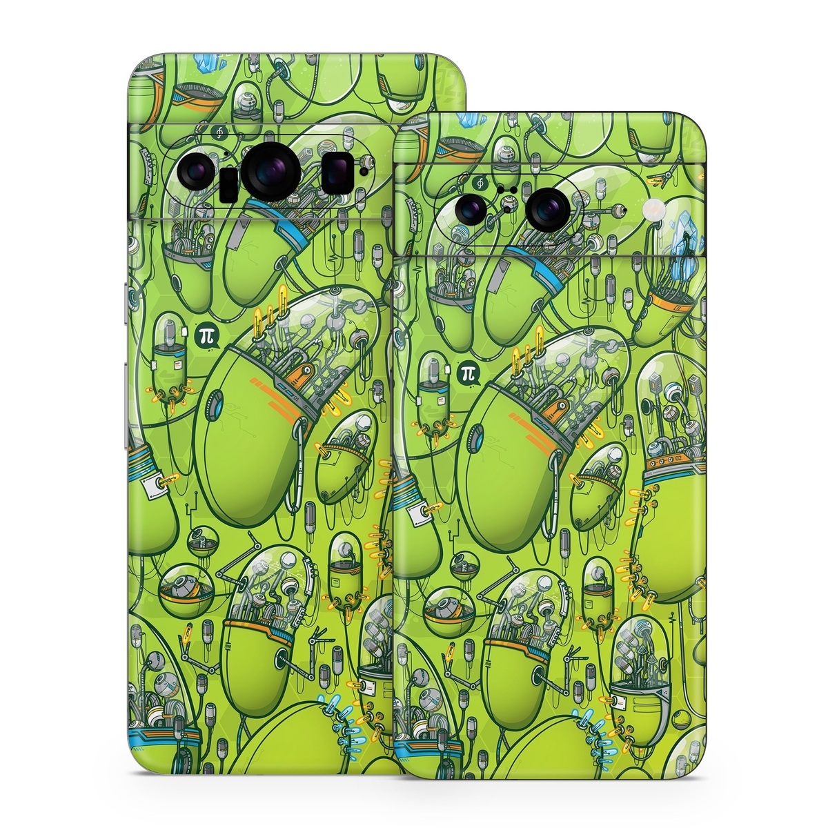 Google Pixel 8 Series Skin design of Green, Pattern, Yellow, Design, Illustration, Plant, Art, Graphic design, Urban design, with green, blue, gray, yellow, orange colors