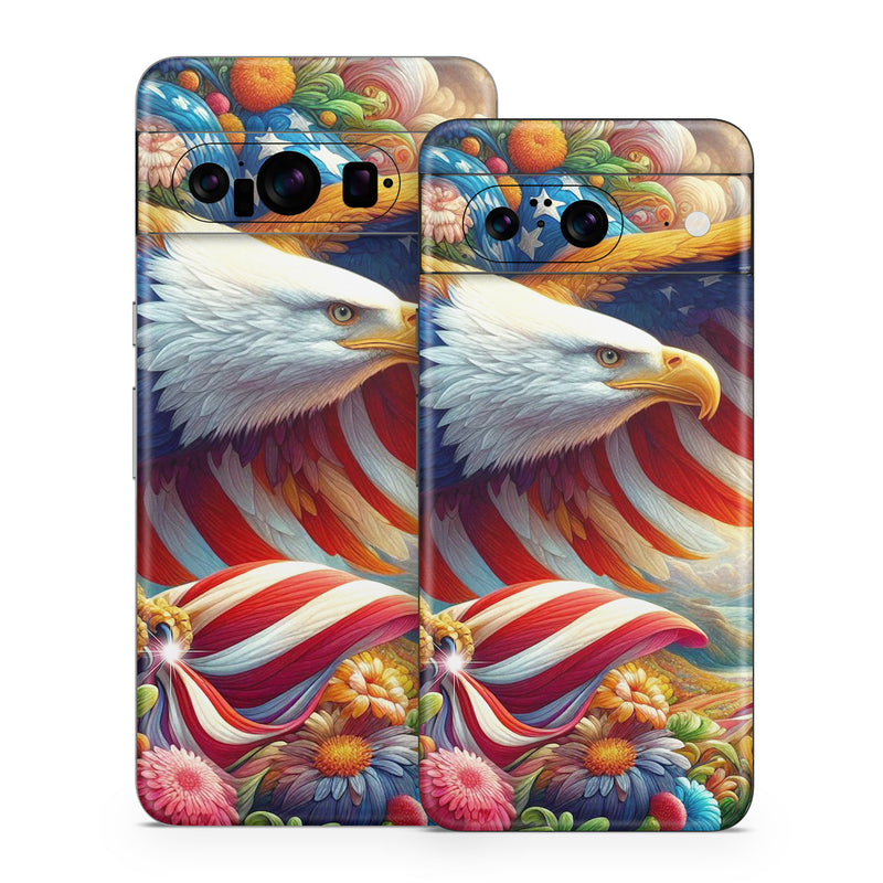 Google Pixel 8 Series Skin design of Bird, Accipitridae, Beak, Wing, Bald eagle, Bird of prey, Eagle, Flag of the United States, Accipitriformes, Painting, with red, blue, white, yellow, orange, brown, green, gray colors