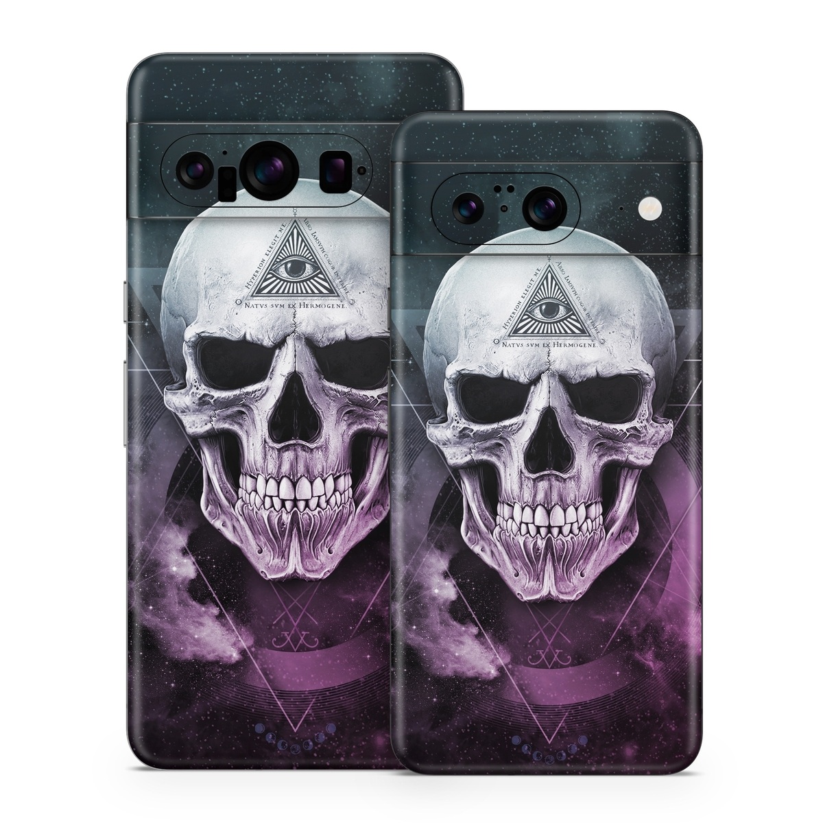 Google Pixel 8 Series Skin design of Skull, Bone, Illustration, Font, Jaw, Fictional character, Graphic design, Graphics, Art, with black, white, gray, purple colors