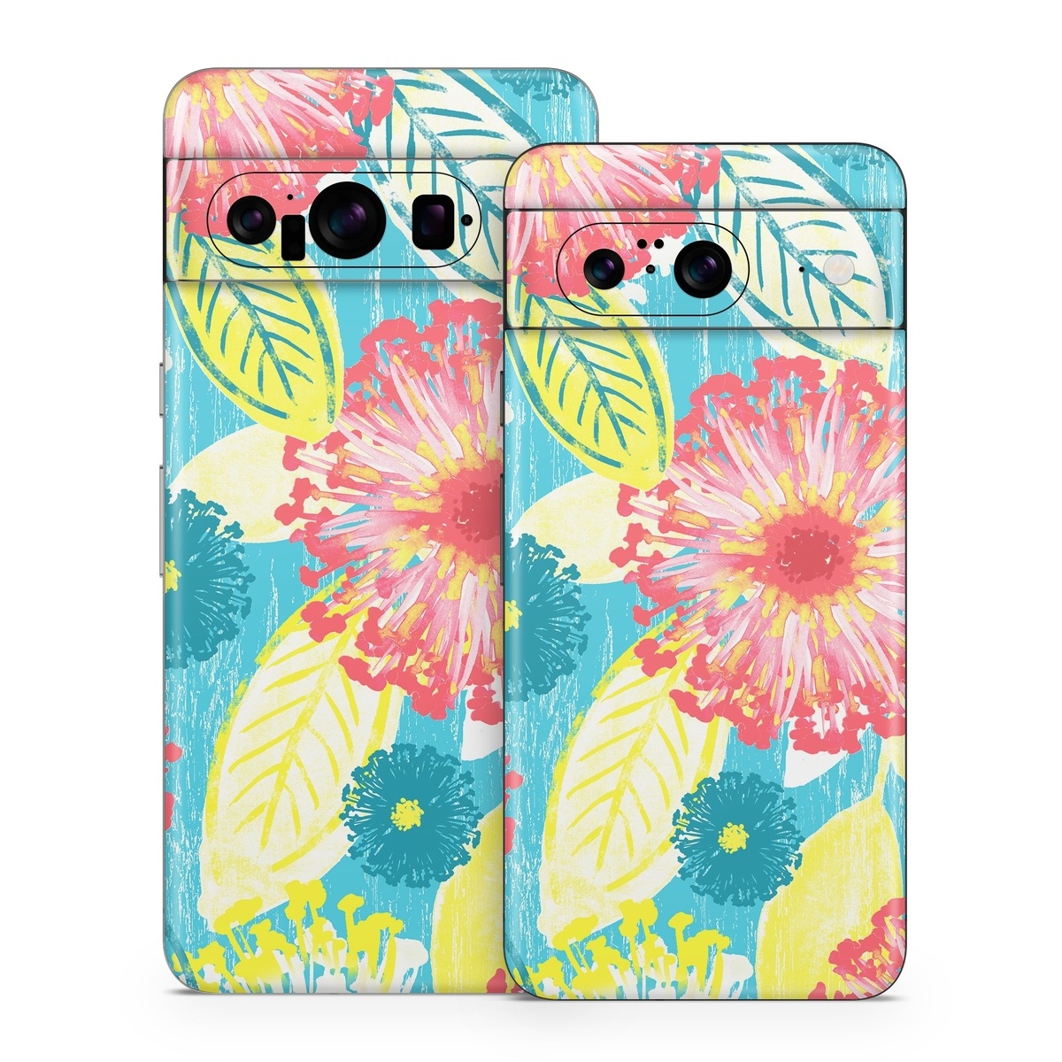 Google Pixel 8 Series Skin design of Pattern, Design, Flower, Floral design, Plant, Textile, Wrapping paper, Wildflower, Visual arts, with pink, gray, blue, yellow colors
