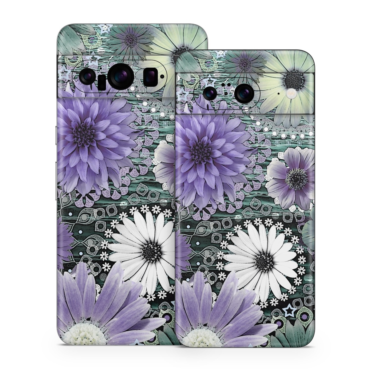 Google Pixel 8 Series Skin design of Purple, Flower, african daisy, Pericallis, Plant, Violet, Lavender, Botany, Petal, Pattern, with gray, black, blue, purple, white colors