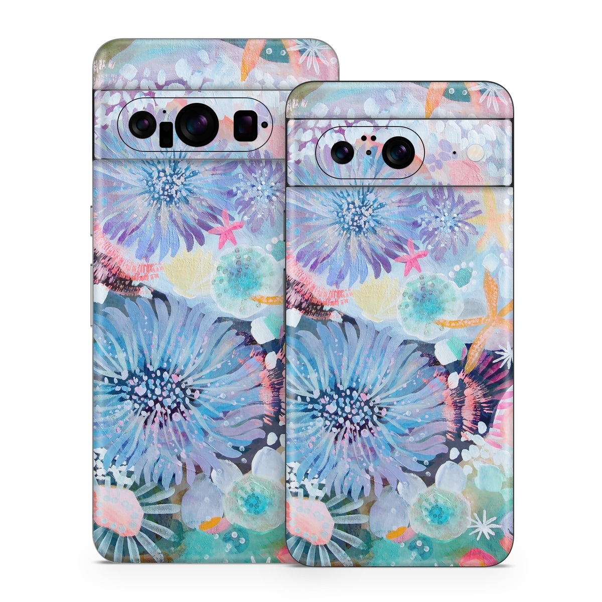 Google Pixel 8 Series Skin design of Pattern, Aqua, Textile, Design, Watercolor paint, Visual arts, Flower, Art, Plant, Illustration, with blue, orange, pink, purple, green, white colors