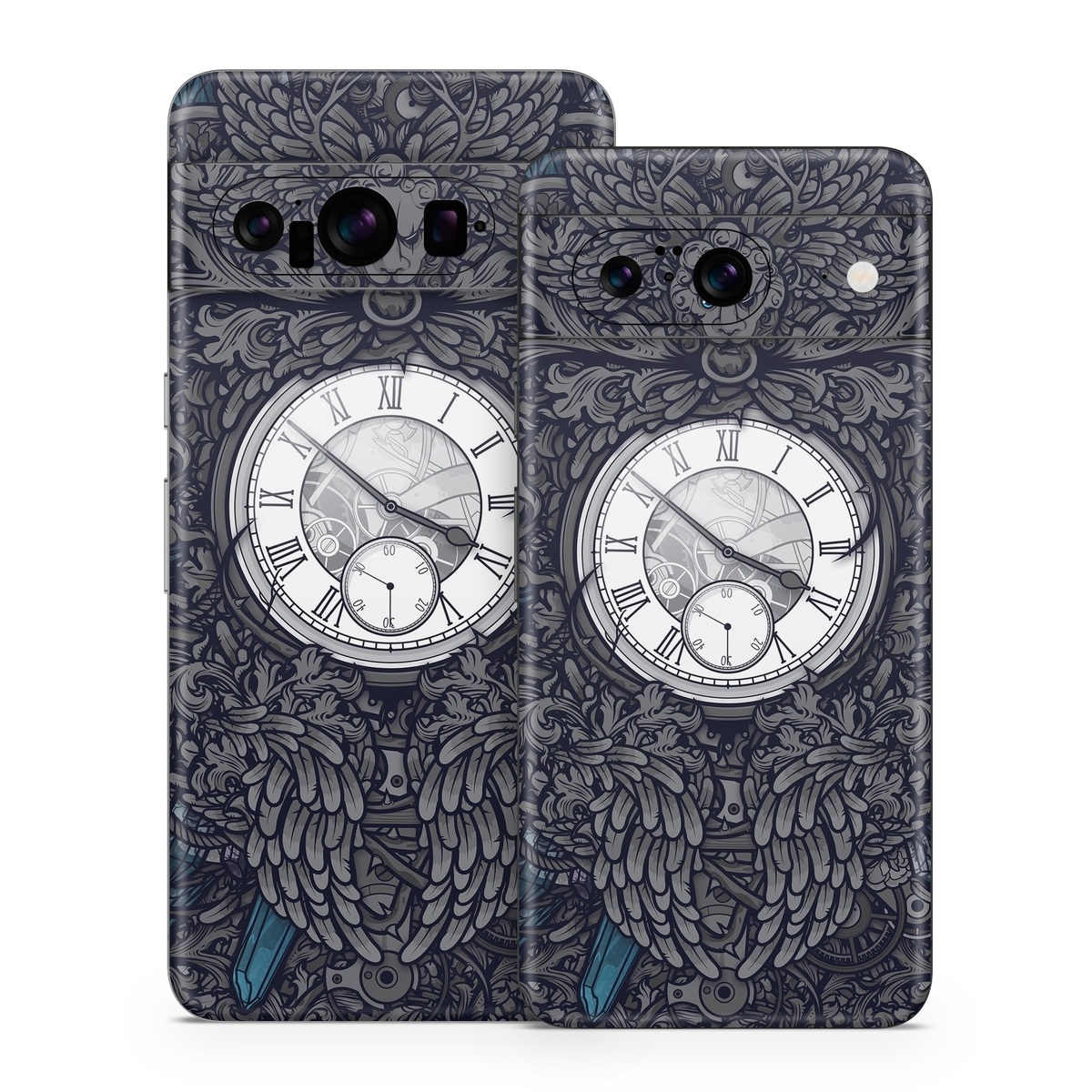 Google Pixel 8 Series Skin design of Blue, Pattern, Psychedelic art, Design, Circle, Art, Font, Graphic design, Visual arts, Illustration, with black, gray colors