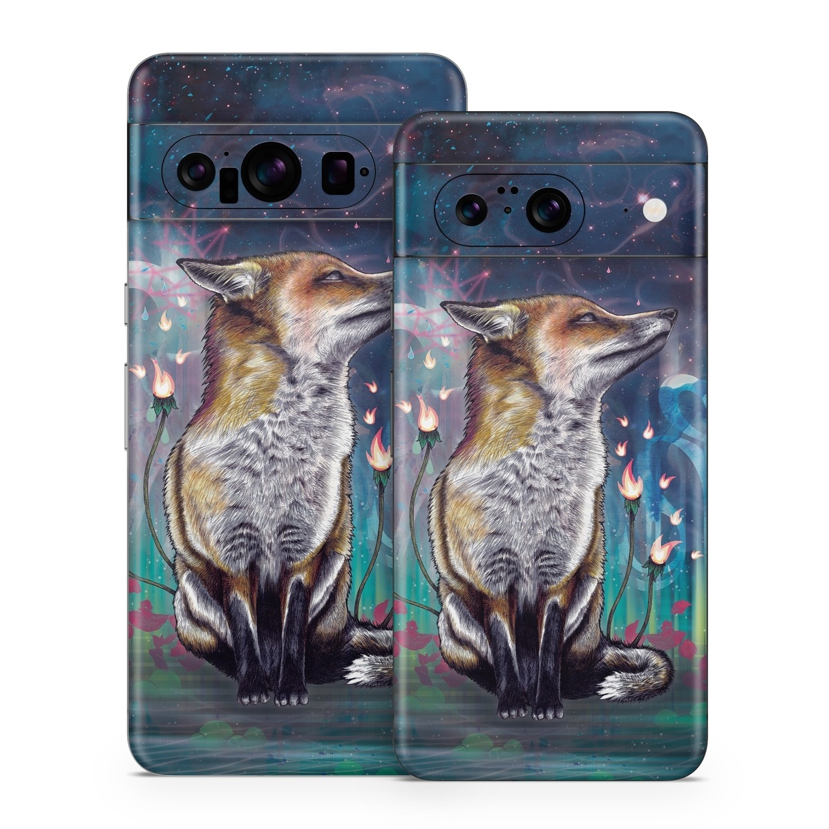 Google Pixel 8 Series Skin design of Red fox, Art, Wildlife, Canidae, Illustration, Fox, Carnivore, Painting, Dhole, Red wolf, with black, gray, blue, red, green colors