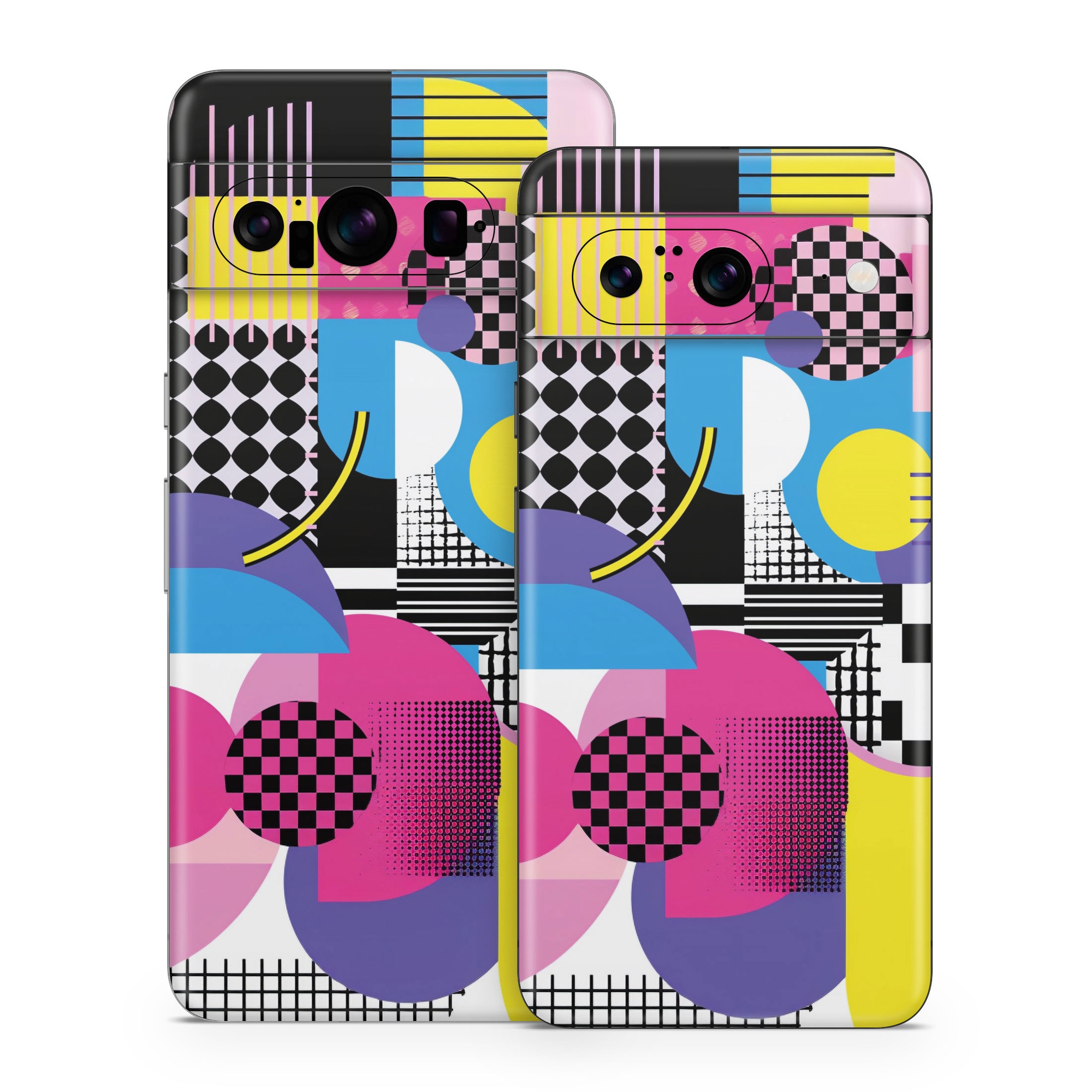Google Pixel 8 Series Skin design of Rectangle, Textile, Art, Font, Line, Material property, Magenta, Pattern, Circle, Tints and shades, with pink, yellow, white, black, purple, blue colors