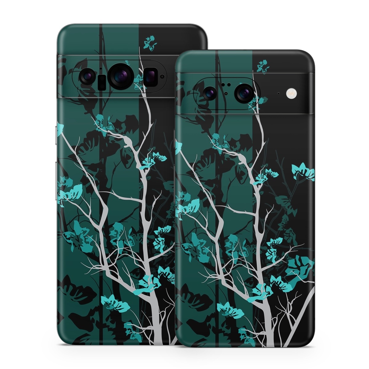 Google Pixel 8 Series Skin design of Branch, Black, Blue, Green, Turquoise, Teal, Tree, Plant, Graphic design, Twig, with black, blue, gray colors