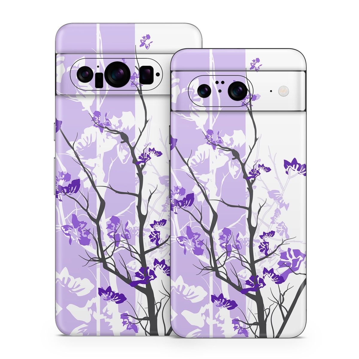 Google Pixel 8 Series Skin design of Branch, Purple, Violet, Lilac, Lavender, Plant, Twig, Flower, Tree, Wildflower, with white, purple, gray, pink, black colors