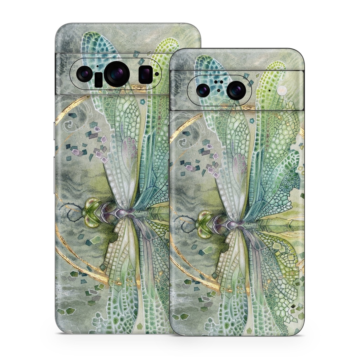 Google Pixel 8 Series Skin design of Green, Painting, Watercolor paint, Water, Acrylic paint, Leaf, Visual arts, Plant, Art, Photography, with green, yellow, blue, gray colors