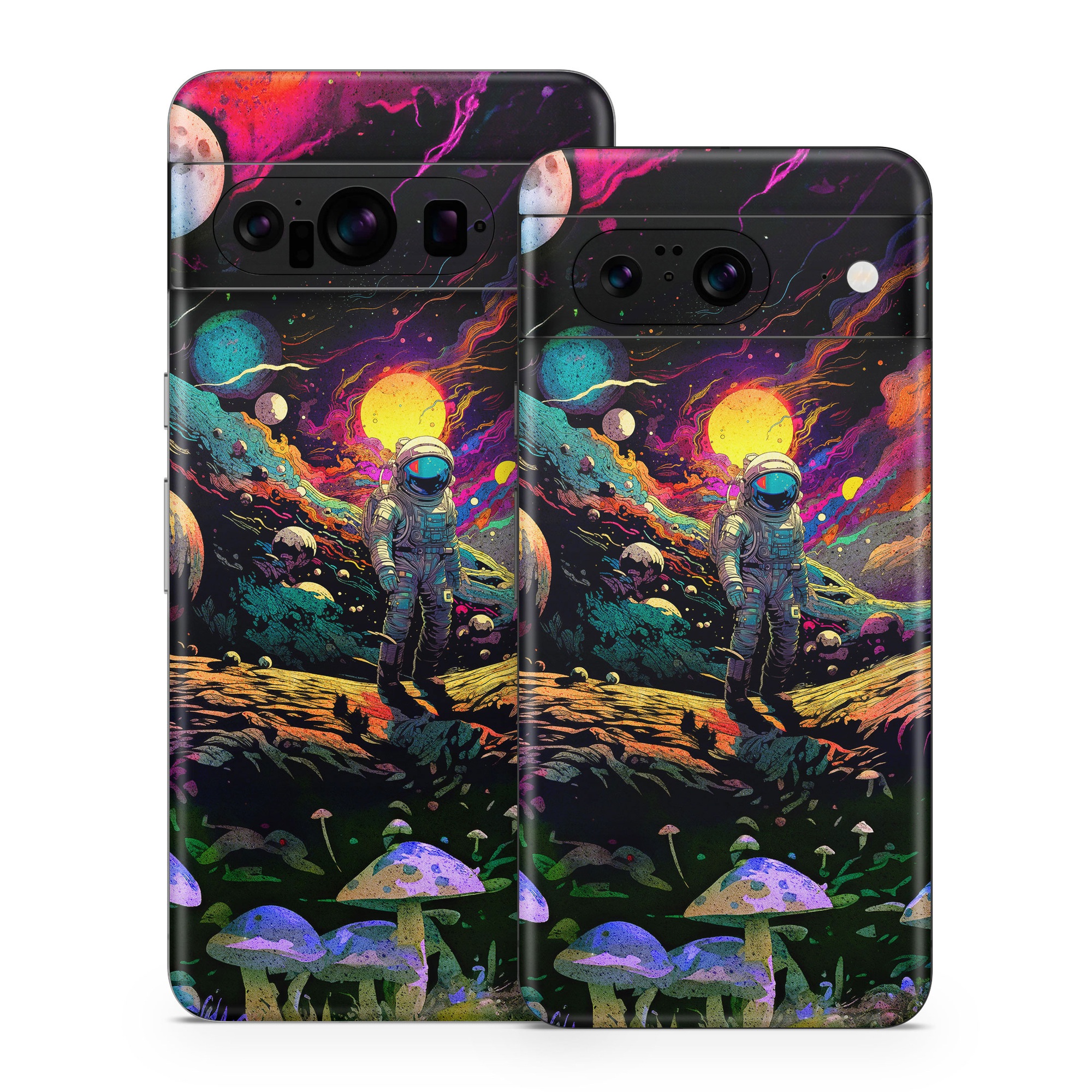 Google Pixel 8 Series Skin design of Light, Nature, Purple, Umbrella, Plant, Art, Terrestrial plant, Natural landscape, Astronomical object, Space, with black, white, purple, red, gray, orange, yellow, blue, green, brown colors