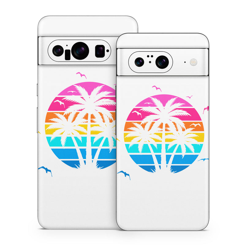 Google Pixel 8 Series Skin design of Palm trees, Graphics, Clip art, Graphic design, with white, pink, orange, yellow, blue colors