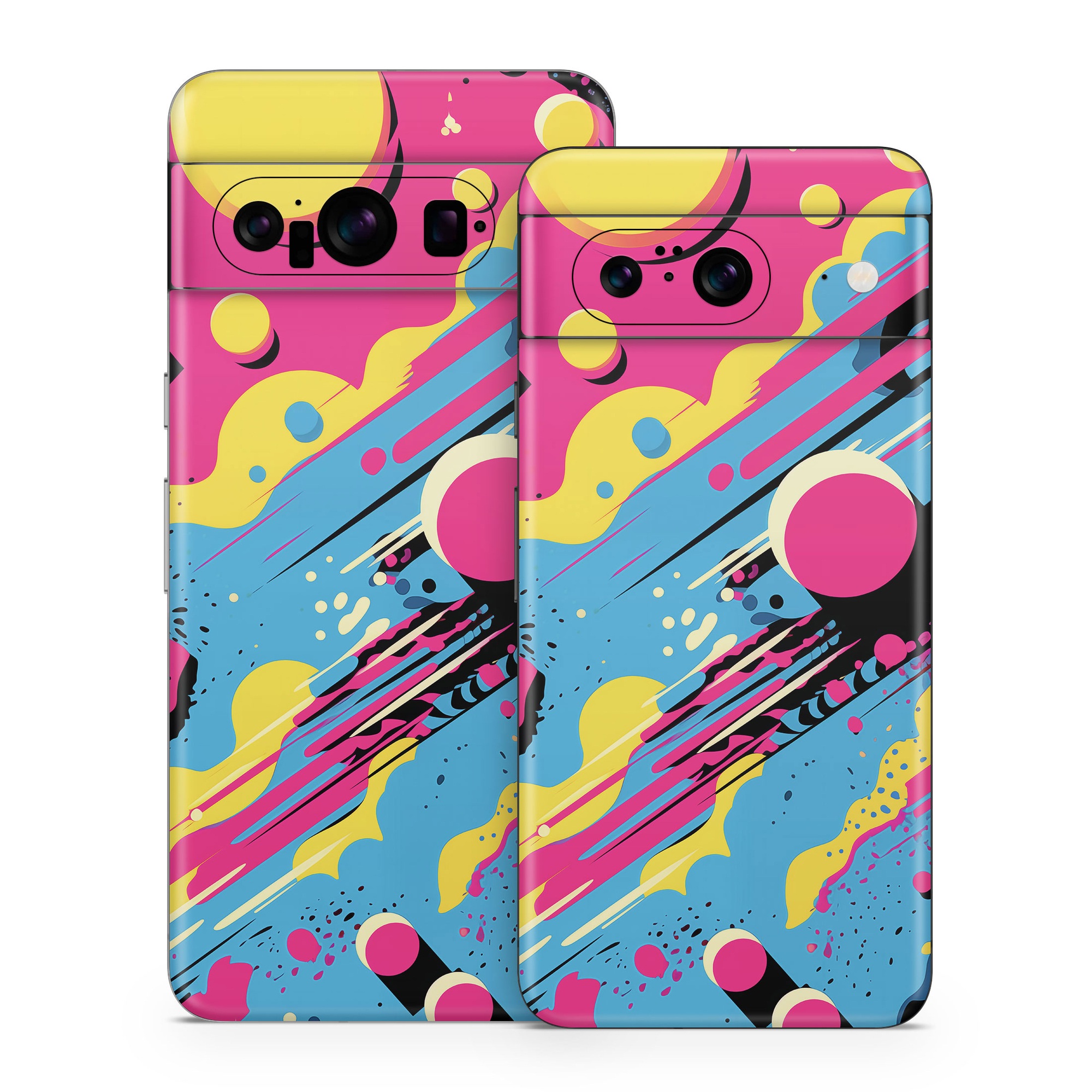 Google Pixel 8 Series Skin design of Colorfulness, Paint, Art, Font, Line, Material property, Magenta, Pattern, Illustration, Circle, with pink, yellow, blue, black, white colors