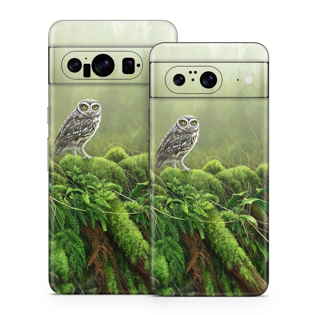 Google Pixel 8 Series Skin design of Nature, Owl, Bird, Bird of prey, great grey owl, Adaptation, Terrestrial plant, Wildlife, Plant, Organism, with brown, gray, green, white colors