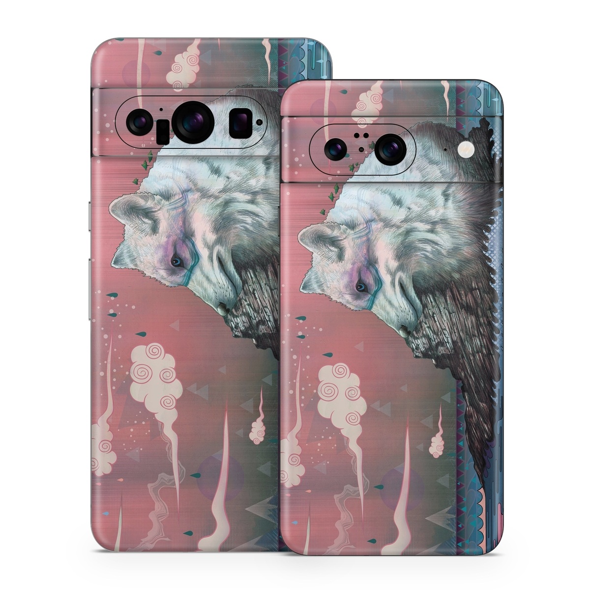 Google Pixel 8 Series Skin design of Illustration, Drawing, Sketch, Art, Graphic design, Lion, Goats, Fictional character, Ink, Bison, with gray, purple, black, red colors
